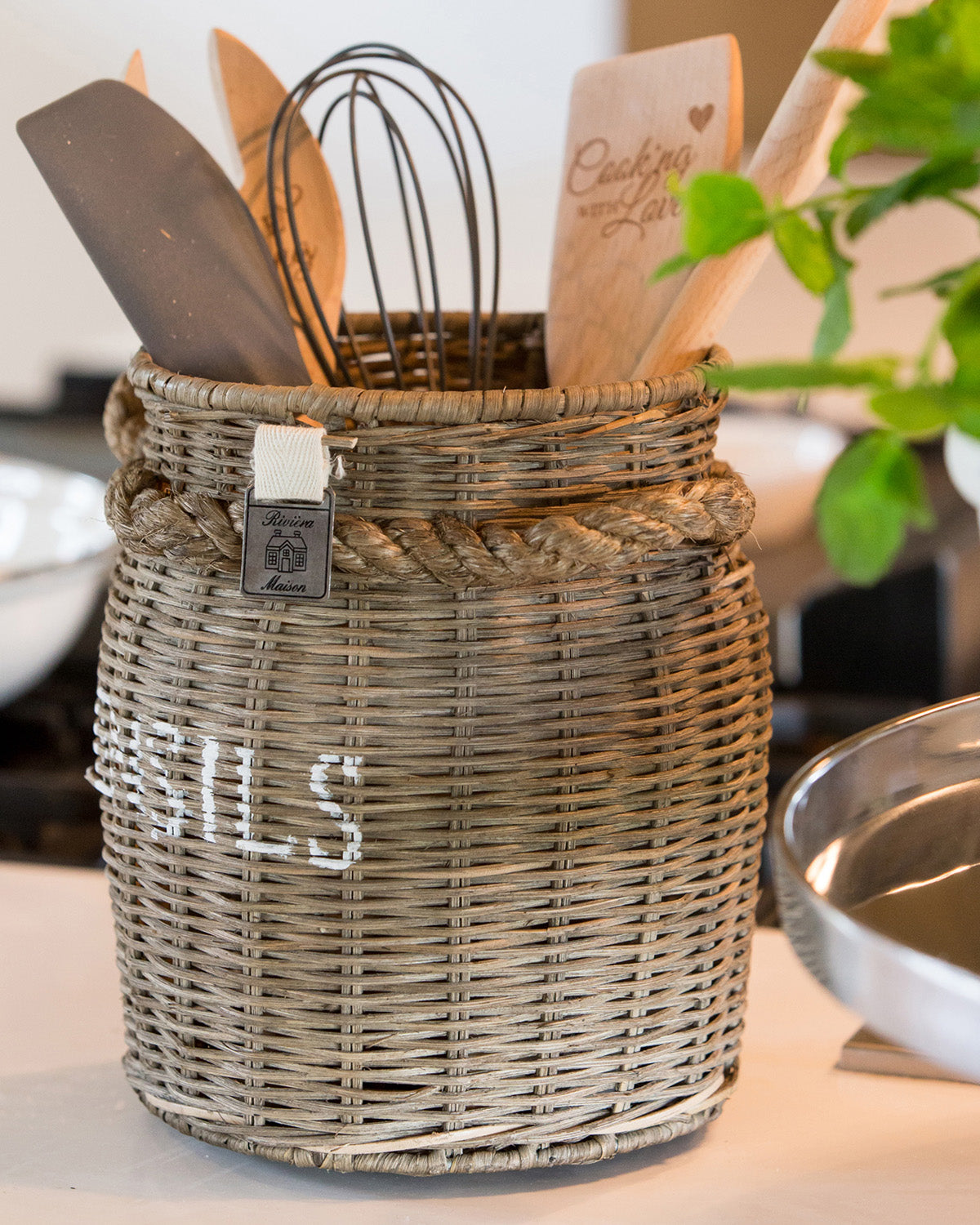 UTENSILS POT made from rattan decorated with kitchen utensils by Riviera Maison