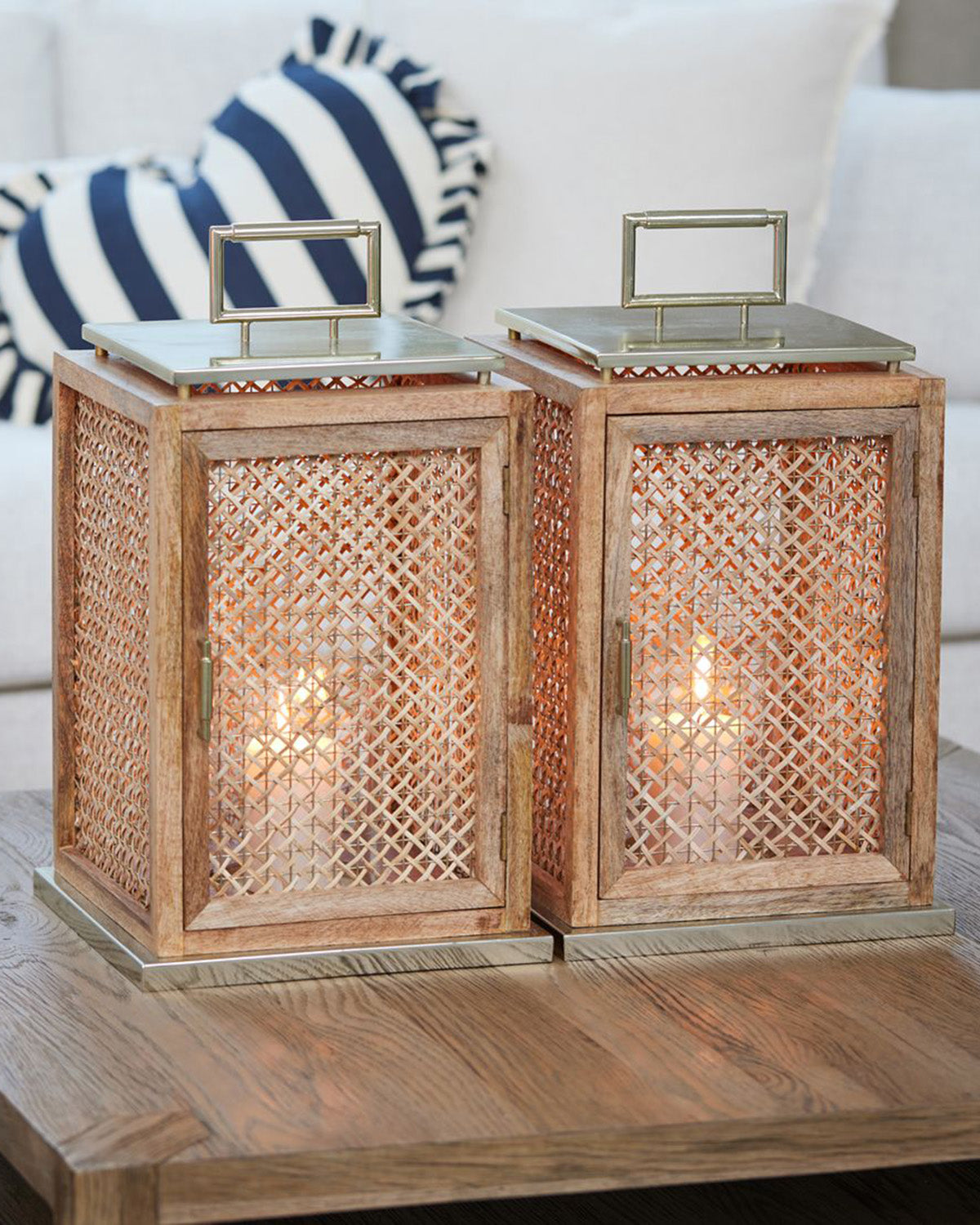 LANTERN made of Rattan and wood, bottom edges are made of soft gold aluminum  by Riviera Maison