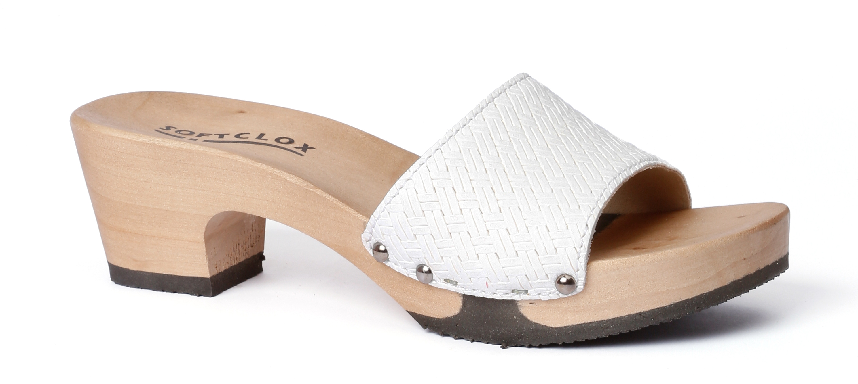 Shoe mule, made from poplar wood with sheep nappa  in color white by Softclox