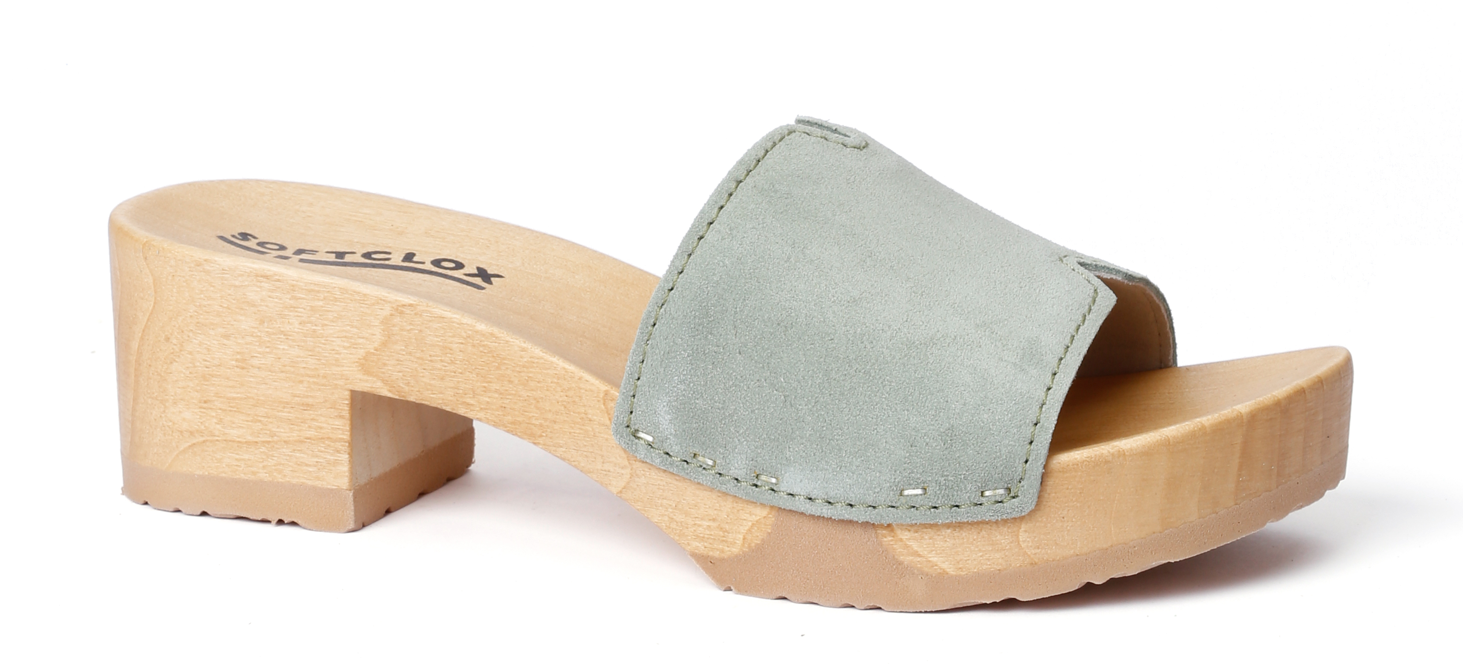 Shoe mule, made from poplar wood with smooth suede  in color mint by Softclox