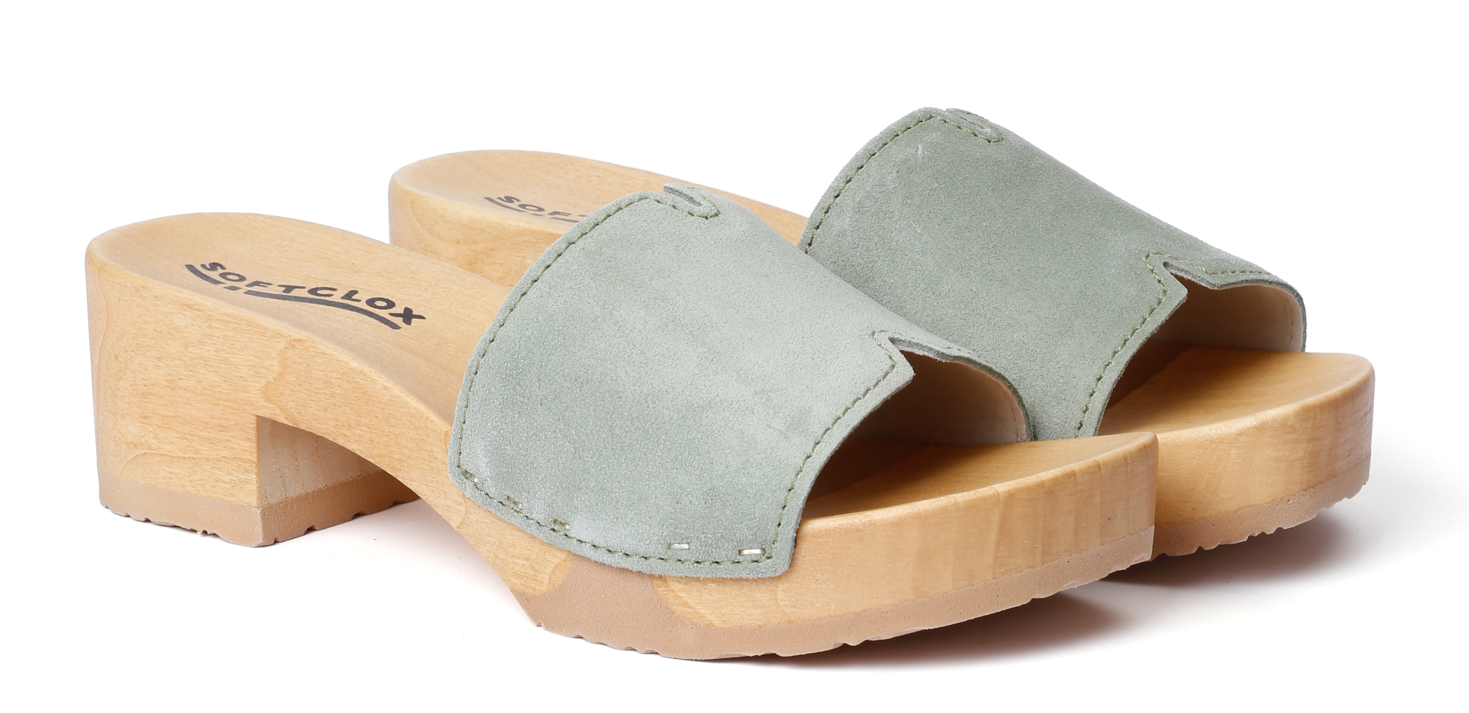 Shoe mule, made from poplar wood with smooth suede  in color mint by Softclox