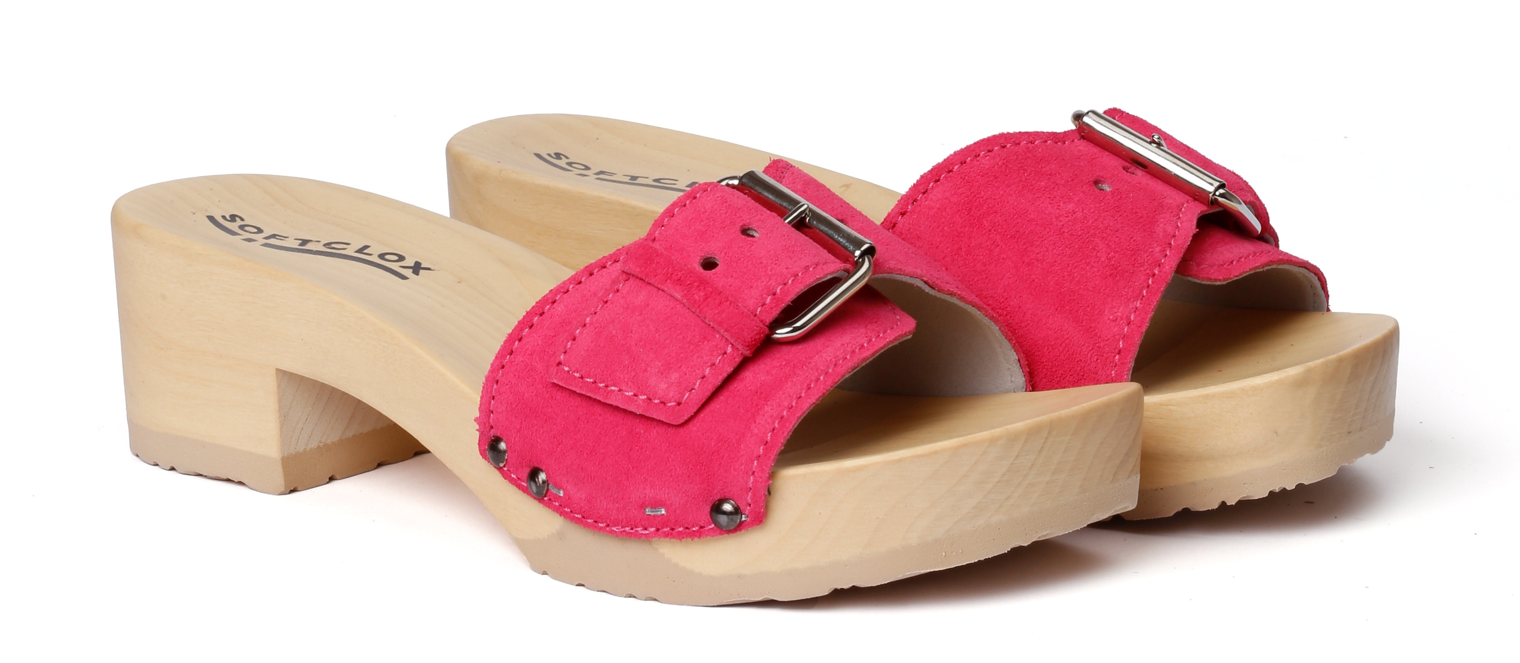 Shoe mule, made from poplar wood with smooth suede  in color pink kiss by Softclox