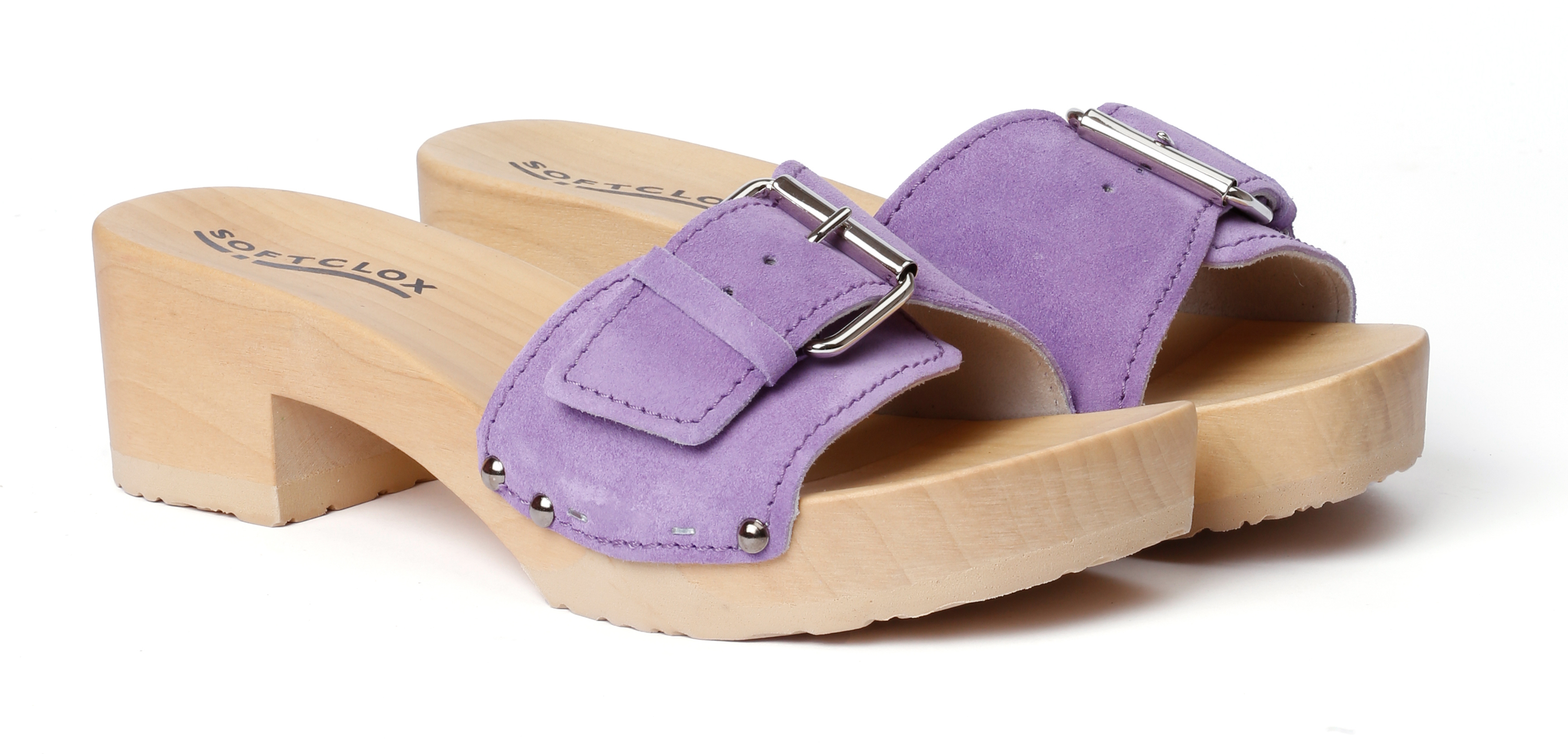 Shoe mule, made from poplar wood with smooth suede  in color violet by Softclox