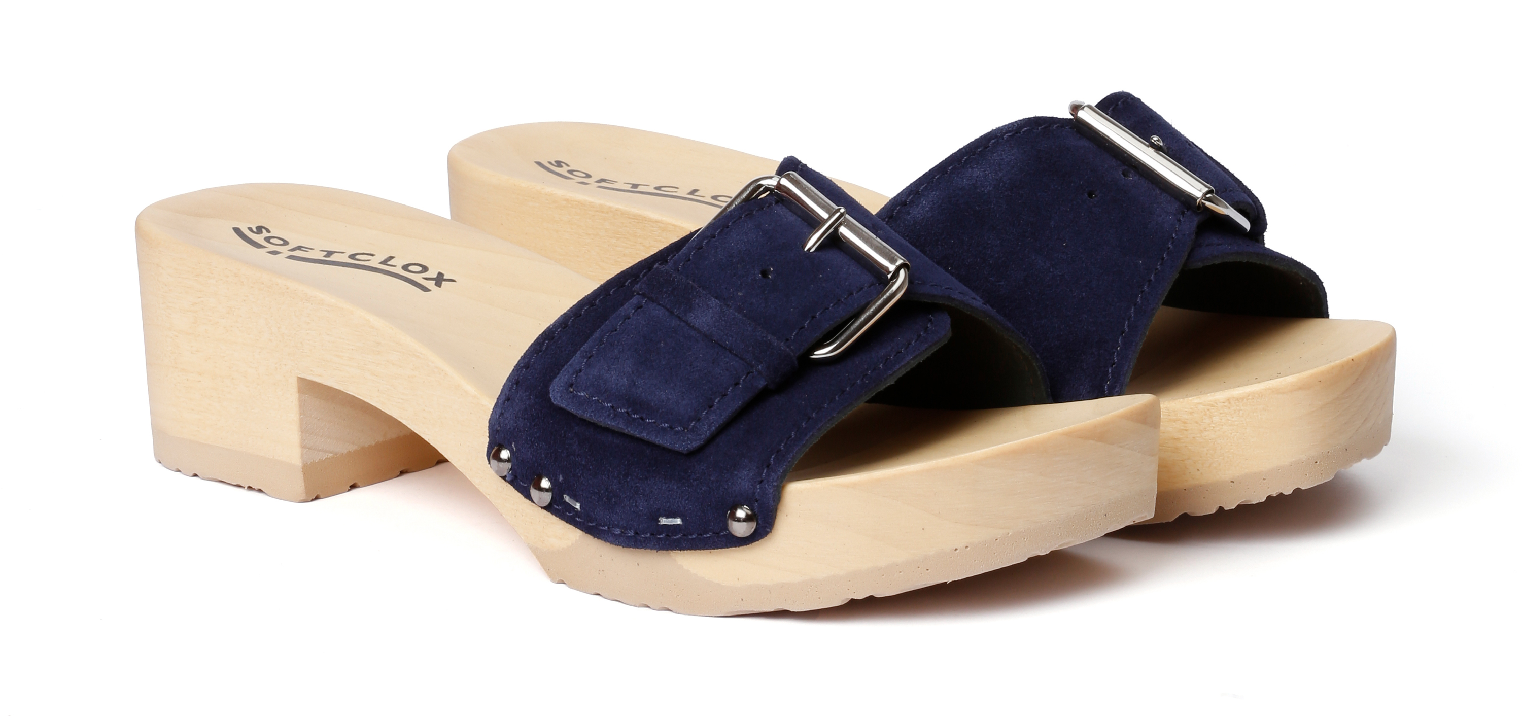 Shoe mule, made from poplar wood with smooth suede  in color navy by Softclox