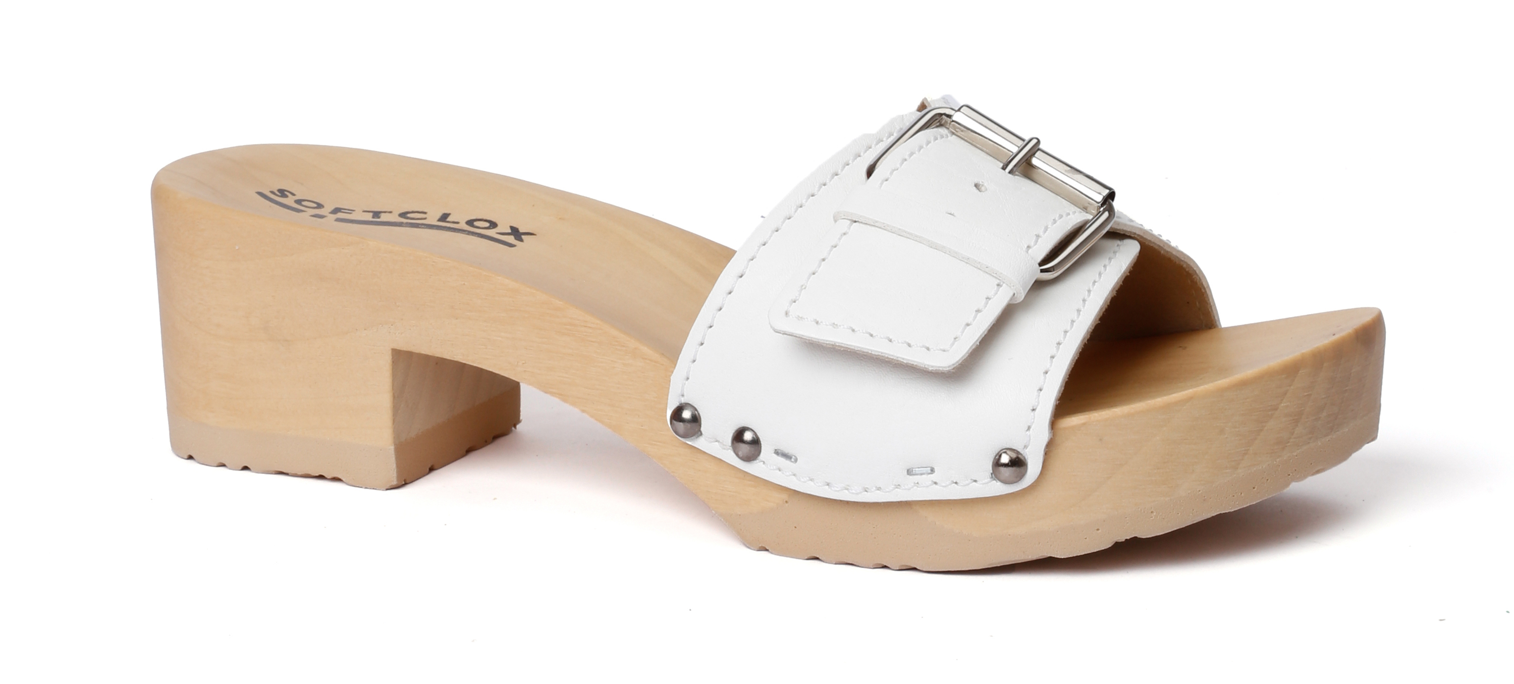 Shoe mule, made from poplar wood with milled nappa  in color white by Softclox