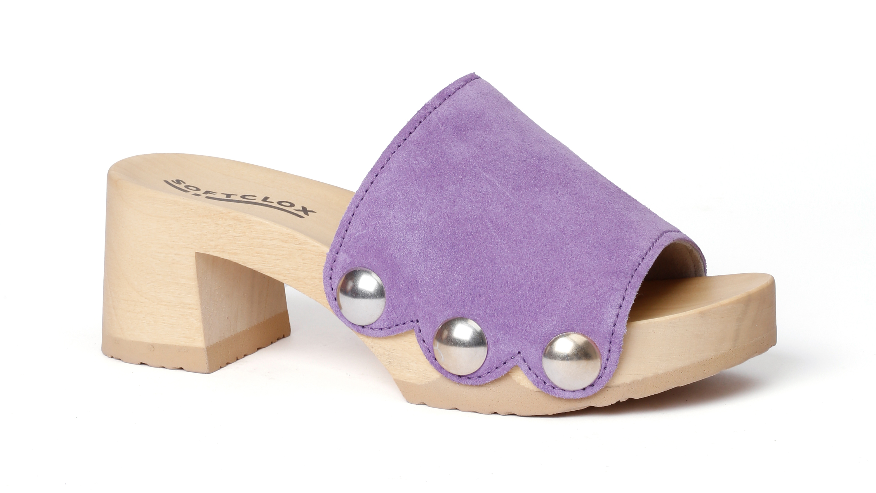 Shoe mule, made from poplar wood with smooth suede  in color violet by Softclox