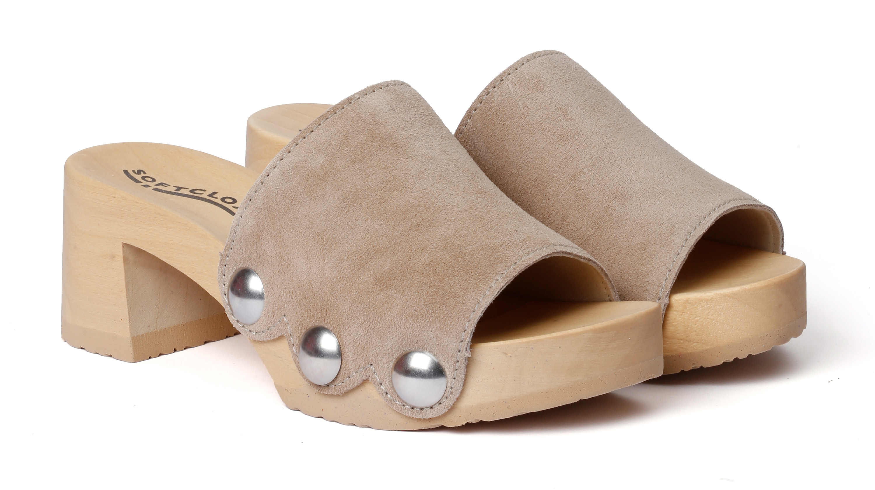 Shoe mule, made from poplar wood with smooth suede  in color taupe by Softclox