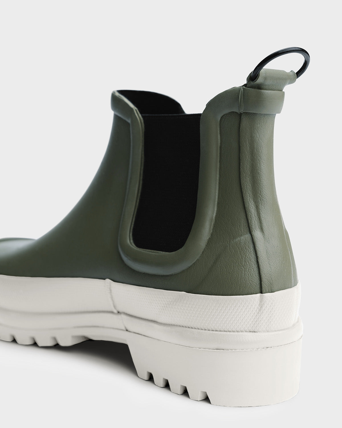 Chelsea Rainboots in color army with white sole by Ilse Jacobsen