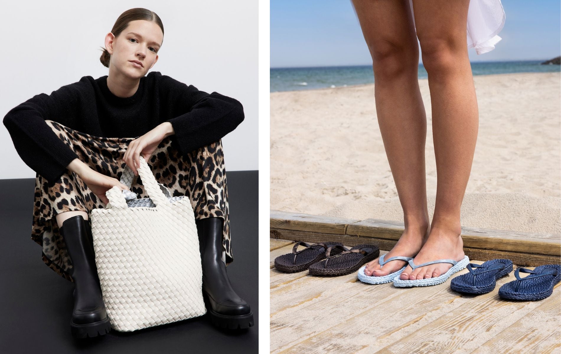 Women with an egg white tote bag by Ilse Jacobsen, and Flip Flops in color light blue, dark blue, and black by Ilse Jacobsen