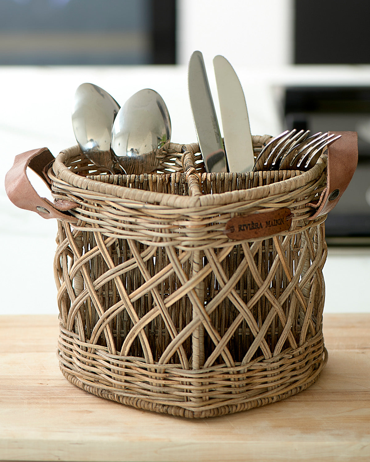 UTENSILS HOLDER HEART shape made from openwork rattan with leather handles by Riviera Maison