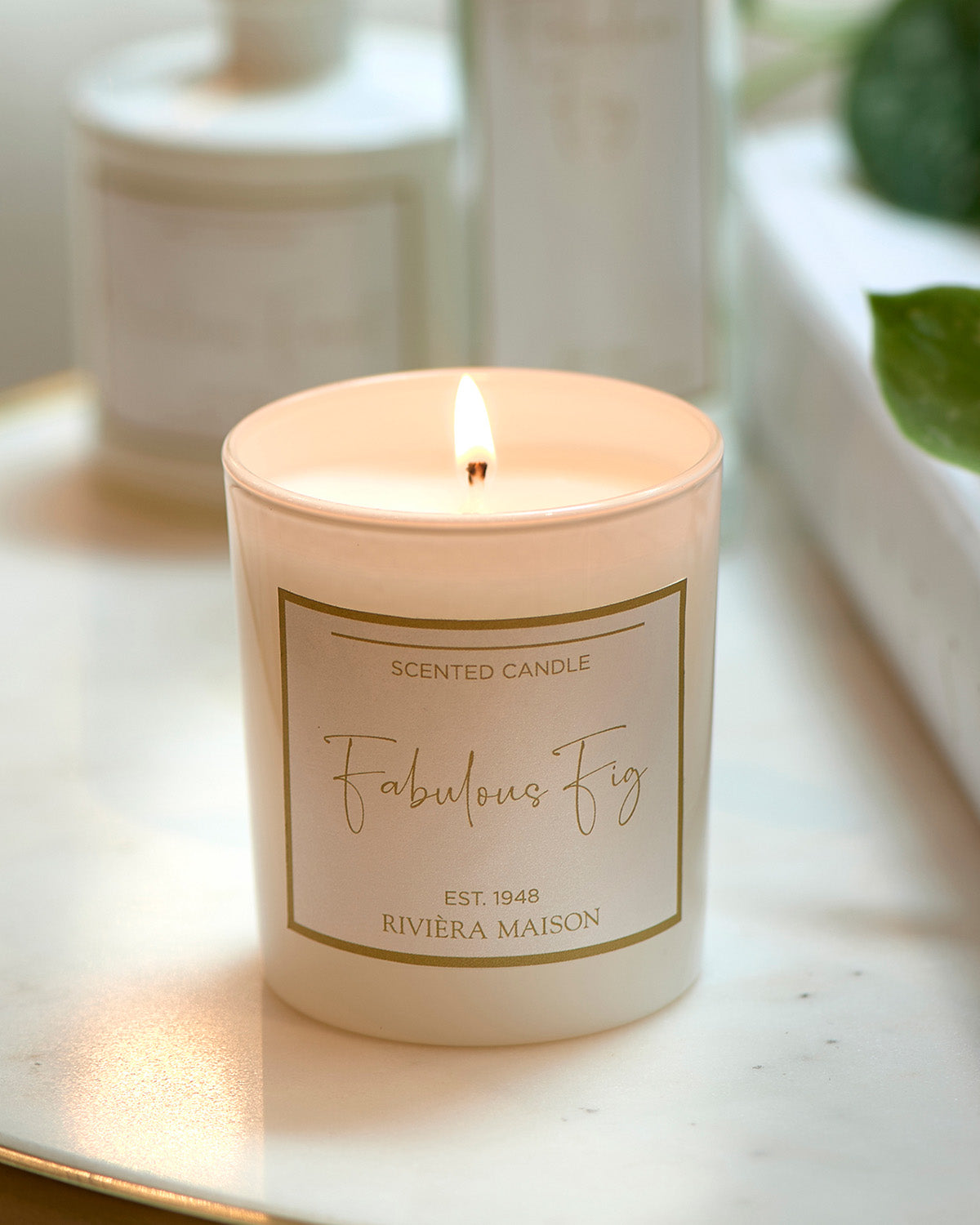 FIG SCENTED CANDLE, cedar, and peony, in a white glass by Riviera Maison