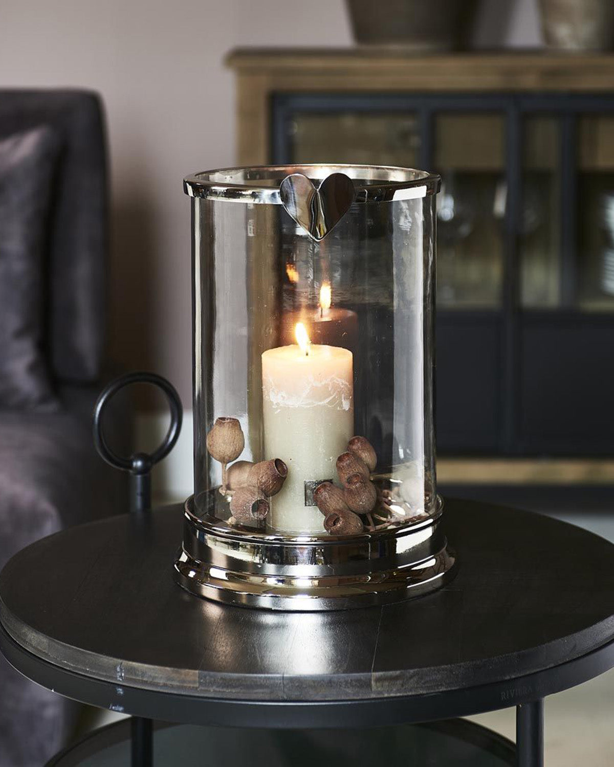 Lantern glossy aluminium with heart and a white candle by Riviera Maison