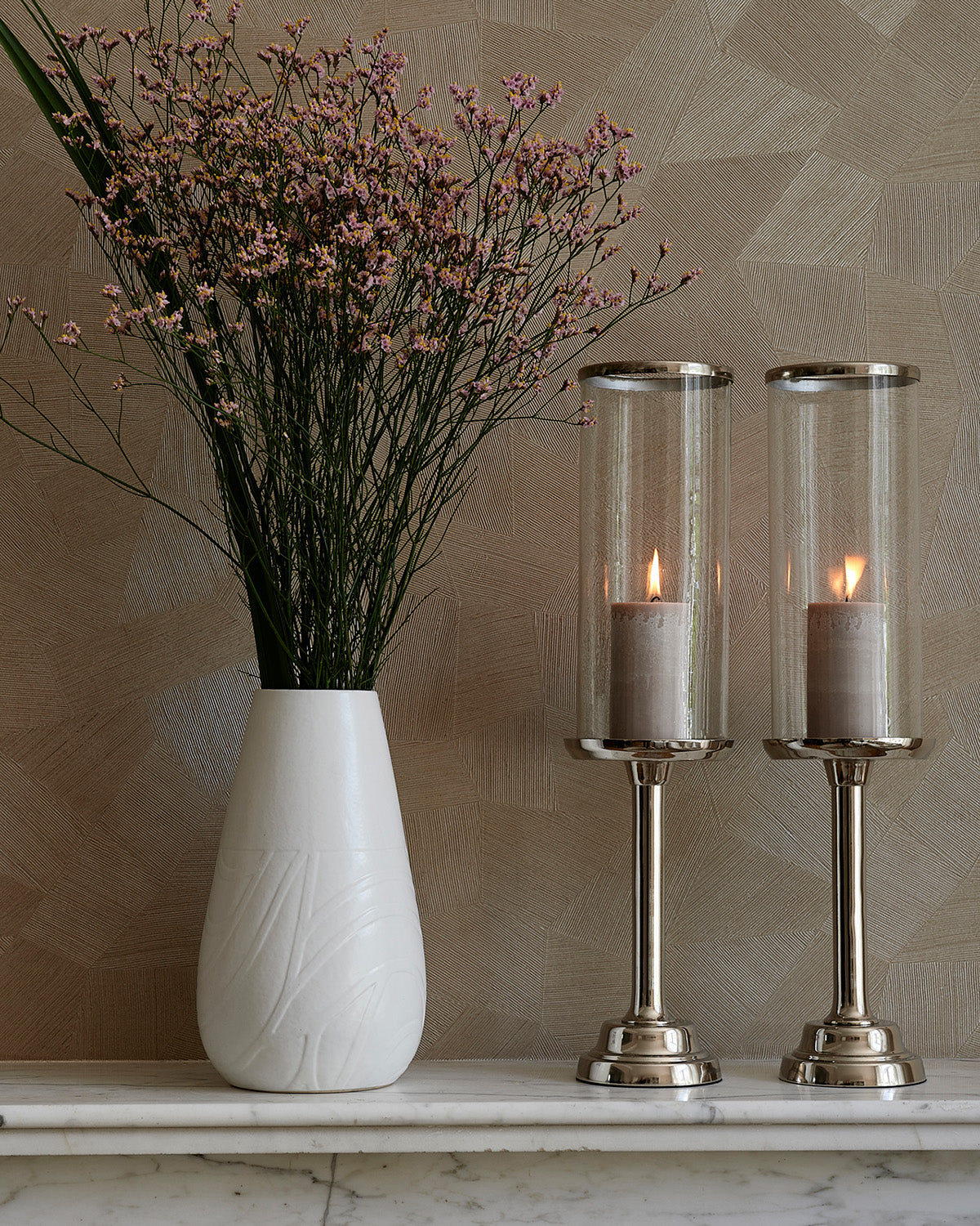 CANDLE in beige, decorated with candleholders made from glass, and aluminium by Riviera Maison