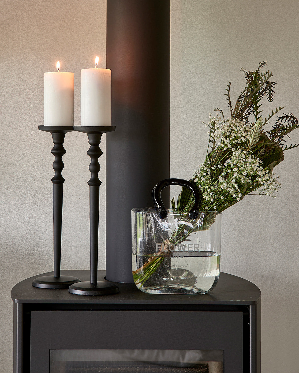 Candle Holder with off white block candles by Riviera Maison