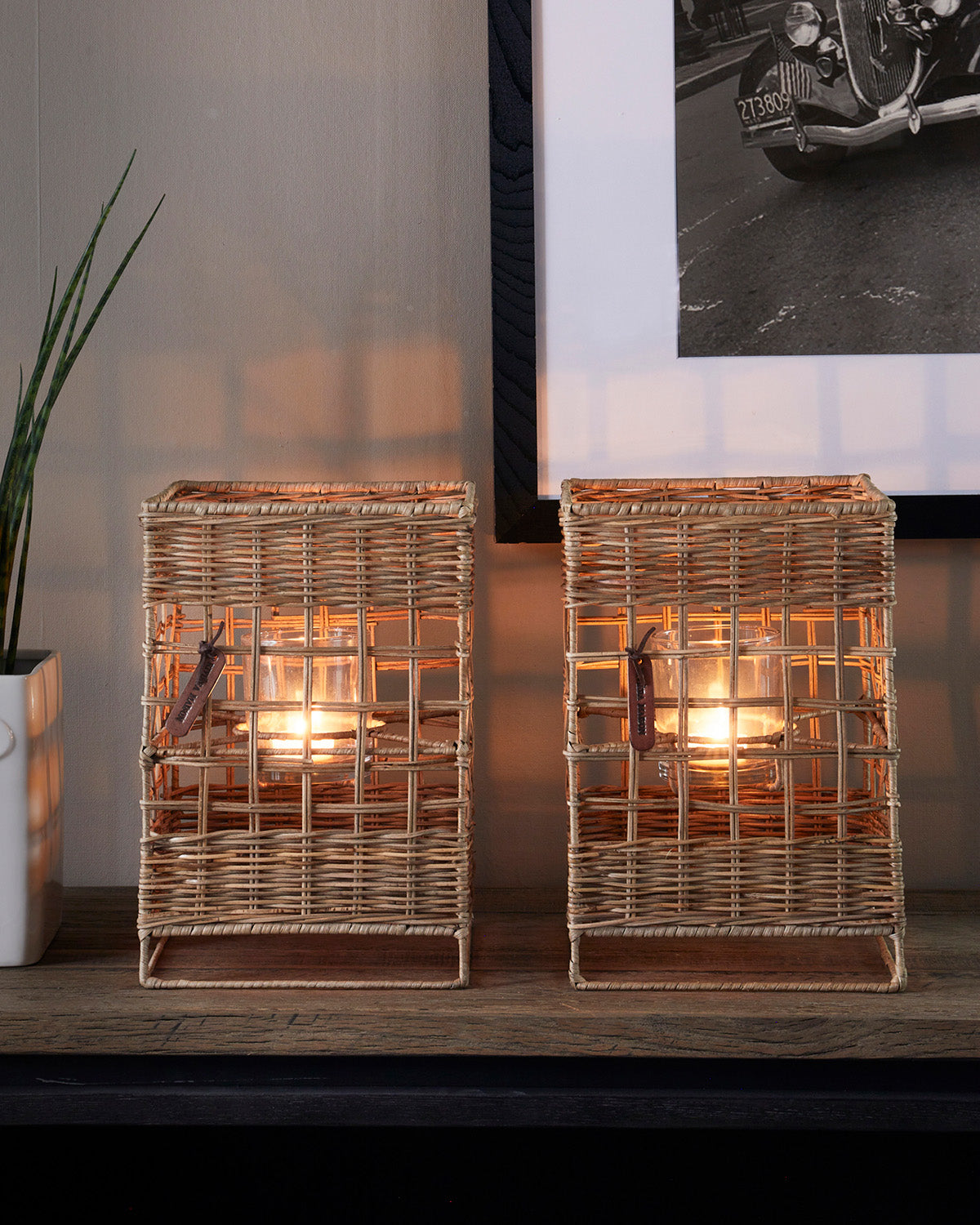Two HURRICANE lamps made of woven rustic Rattan by Riviera Maison
