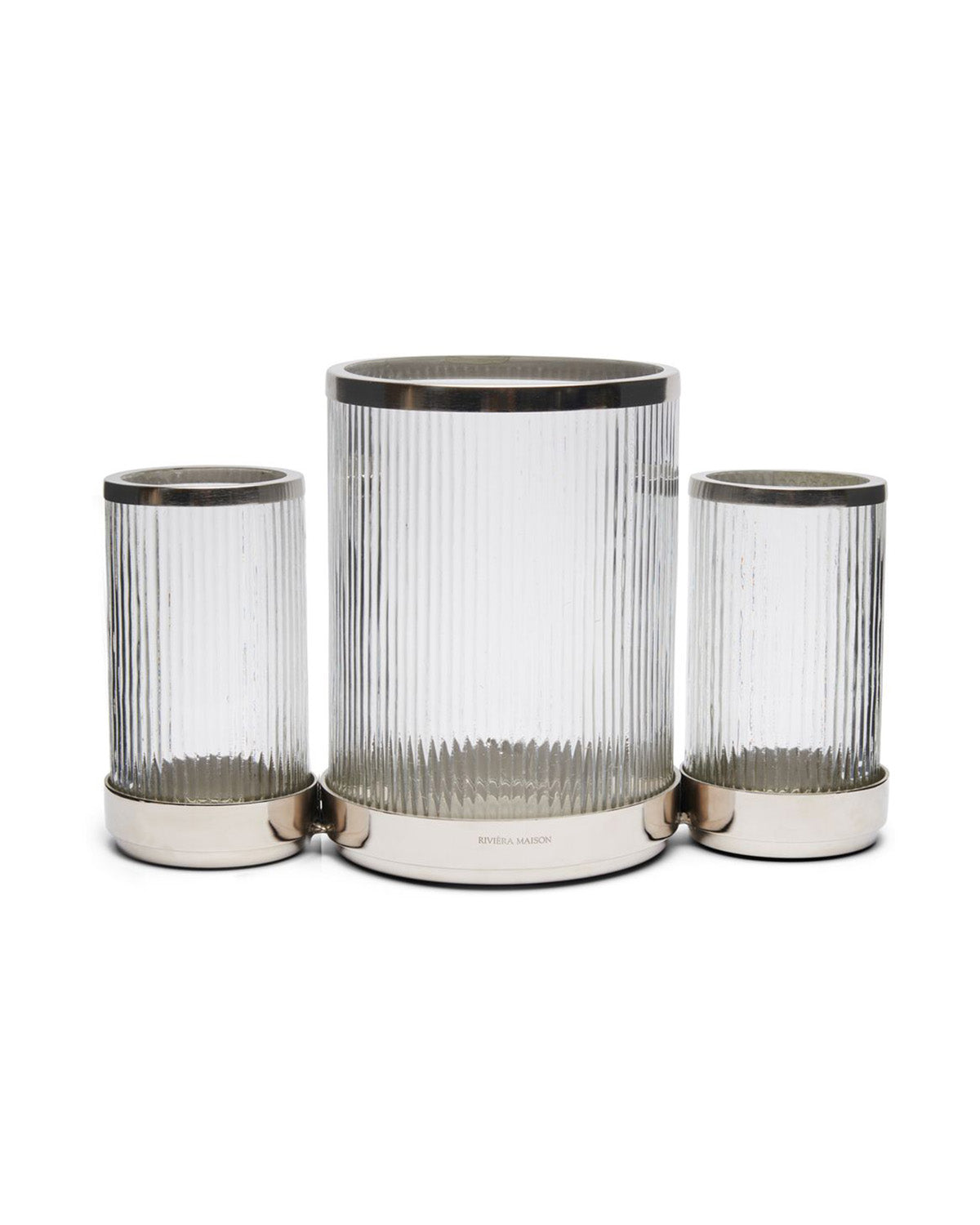 MULTIPLE HURRICANE windlights with an aluminum base and top edge, and ribbed glasses