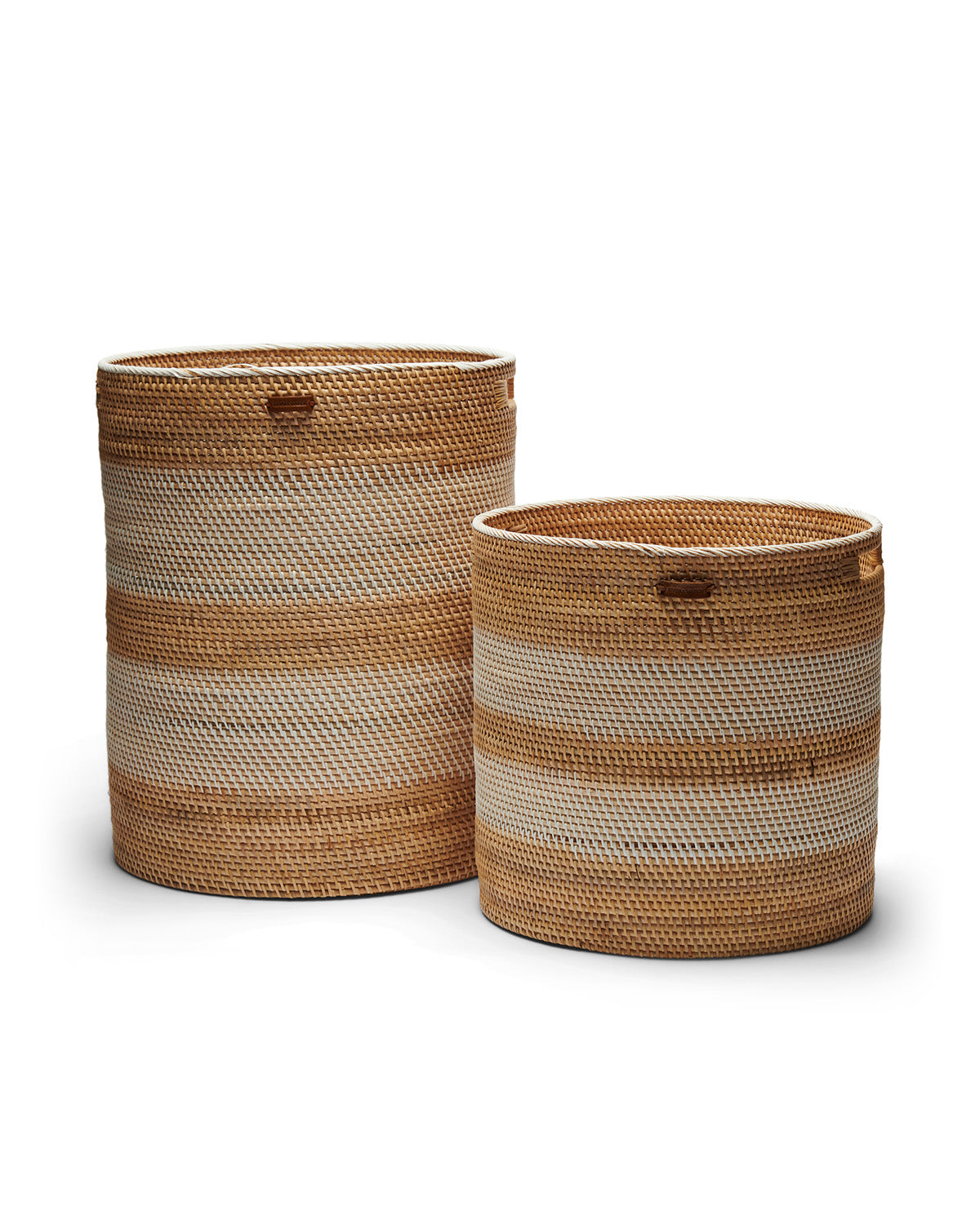 BASKET SET OF 2  made from woven Rattan white striped