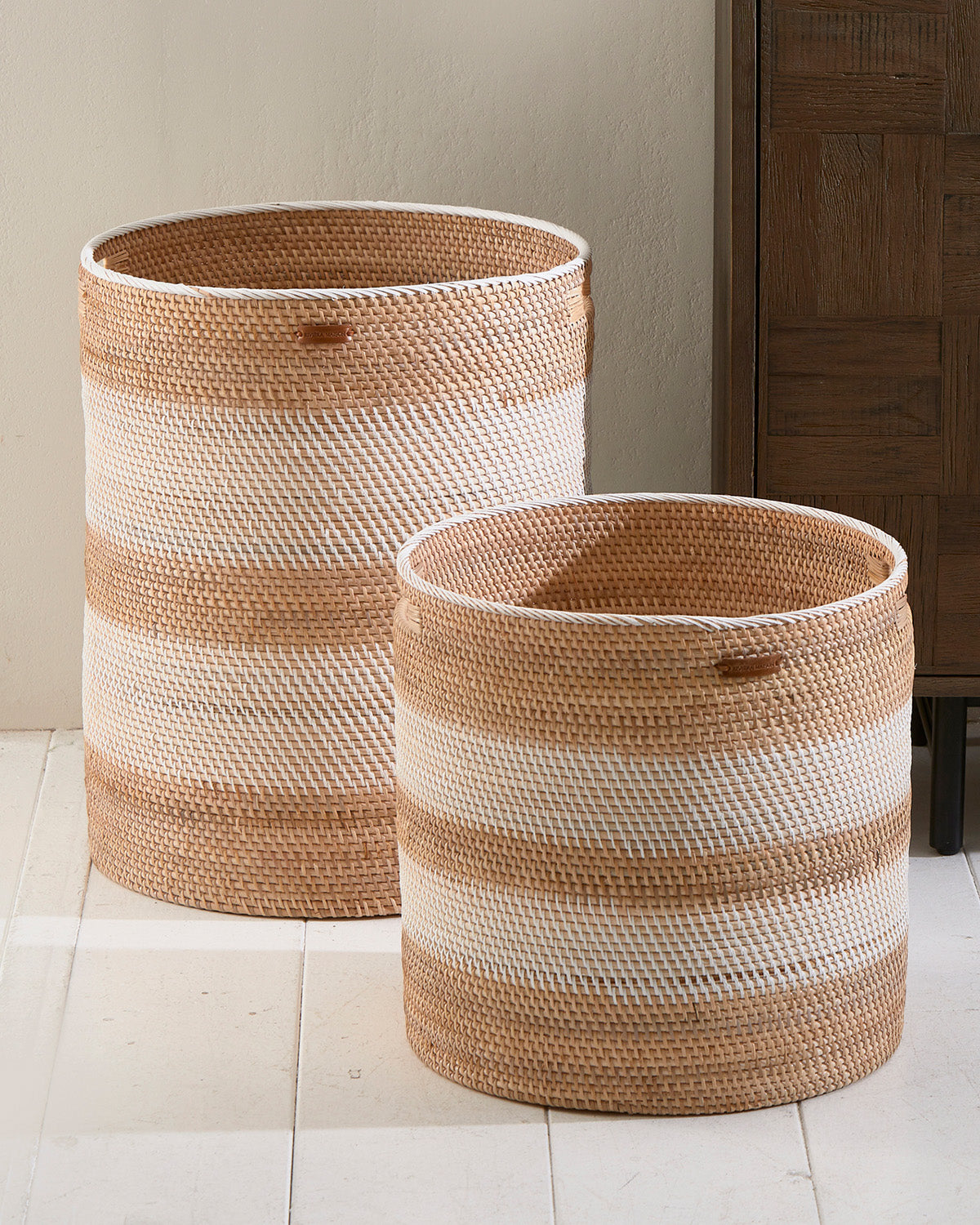 BASKET SET OF 2  made from woven Rattan white striped