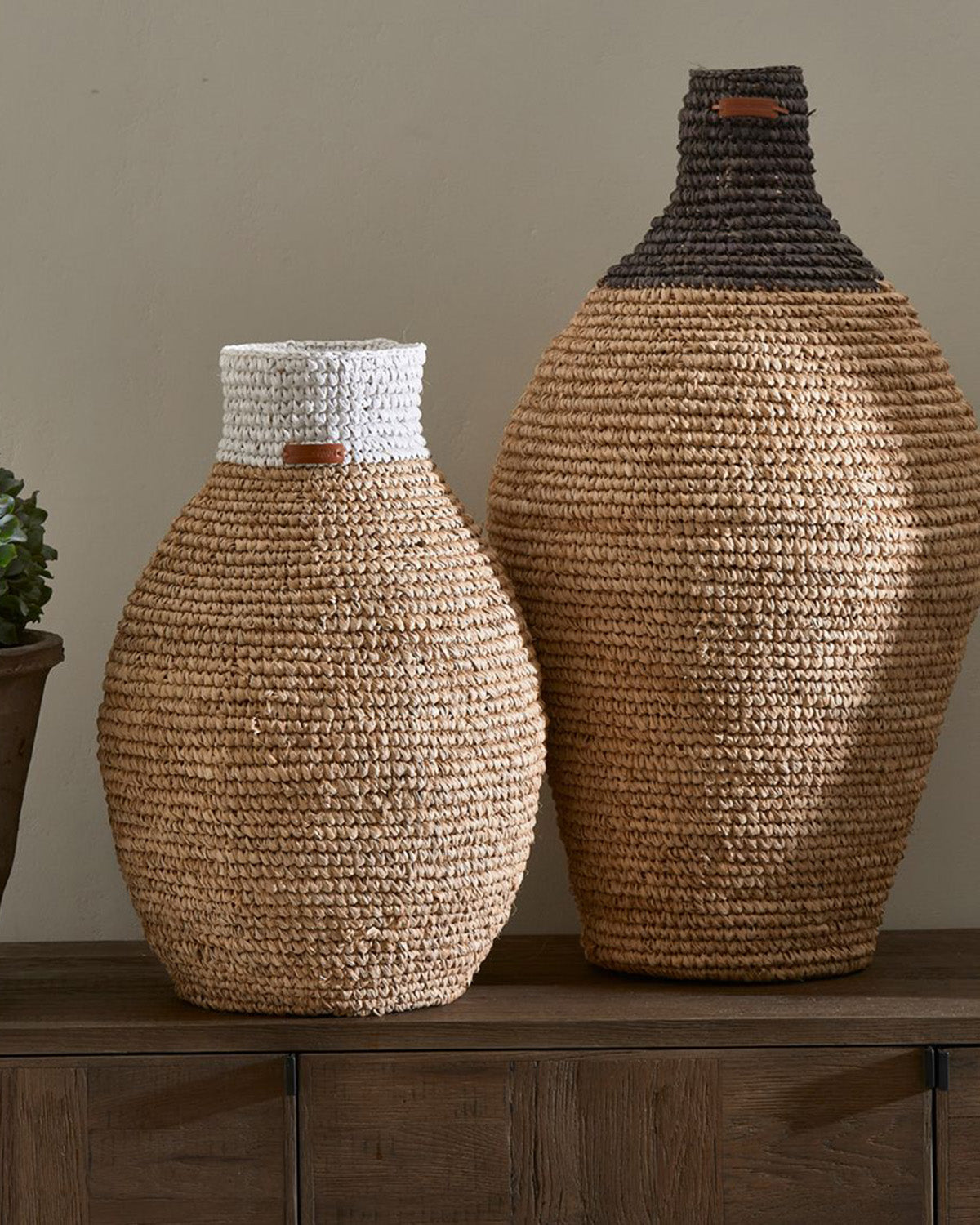 Vases made from woven Rattan white striped and black striped