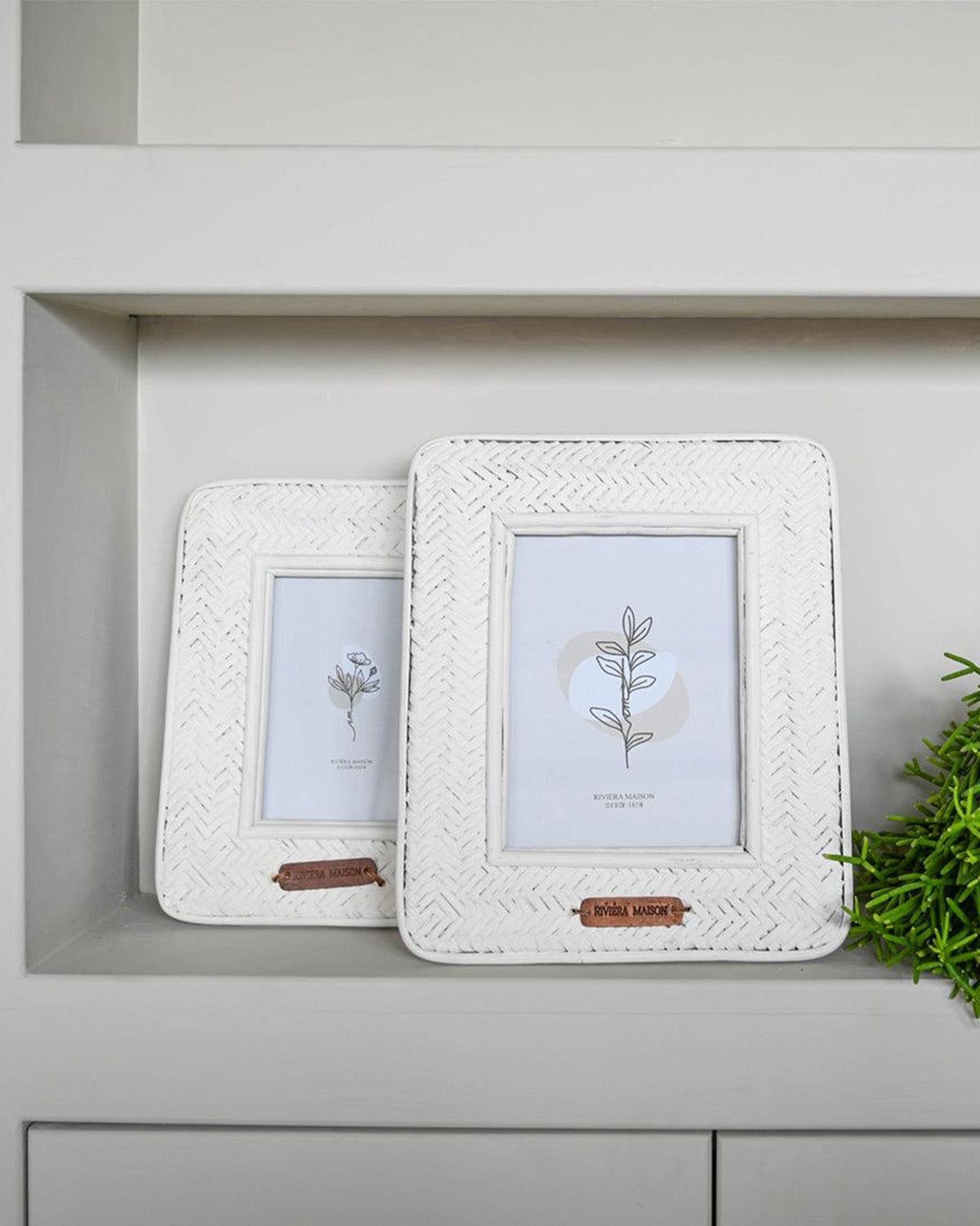 Two BRAIDED PHOTO FRAMES in color WHITE  made of rustic rattan in a braided pattern
