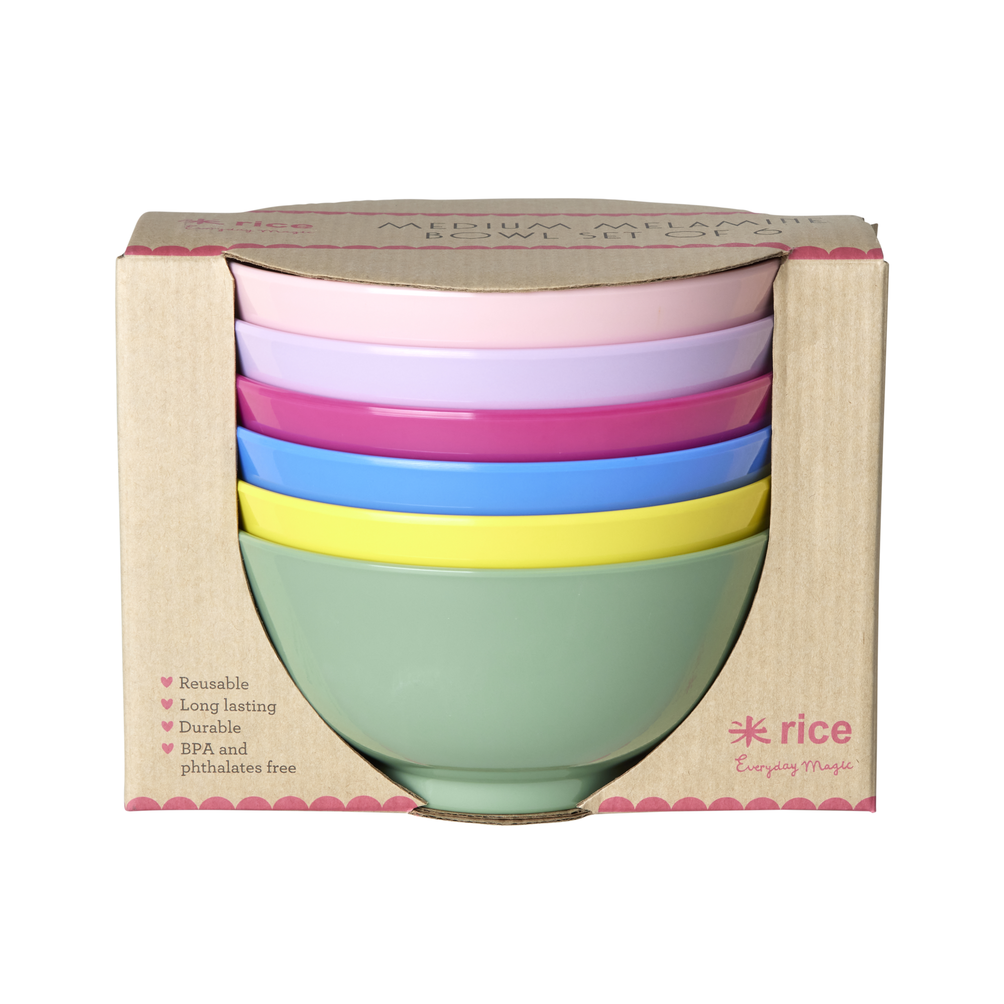 Melamine bowls by Rice by Rice in the colors rose, violet, pink, light blue, yellow, mint