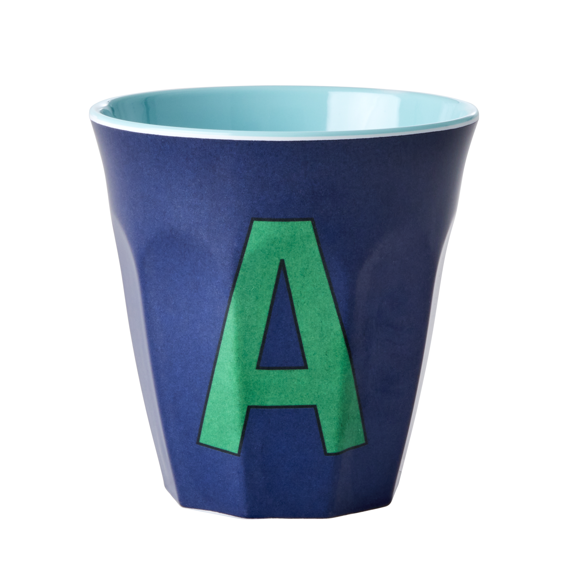 Melamine cup by Rice by Rice in the colors dark blue, green, and aqua with the letter "A"