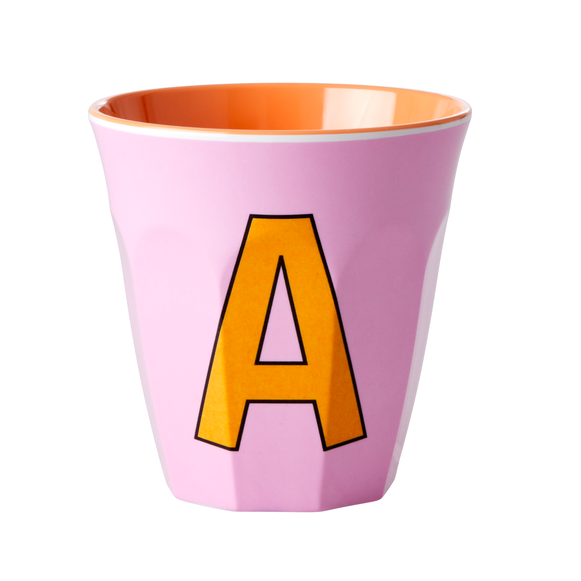 Melamine cup by Rice by Rice in the colors pink, and orange with the letter "A"