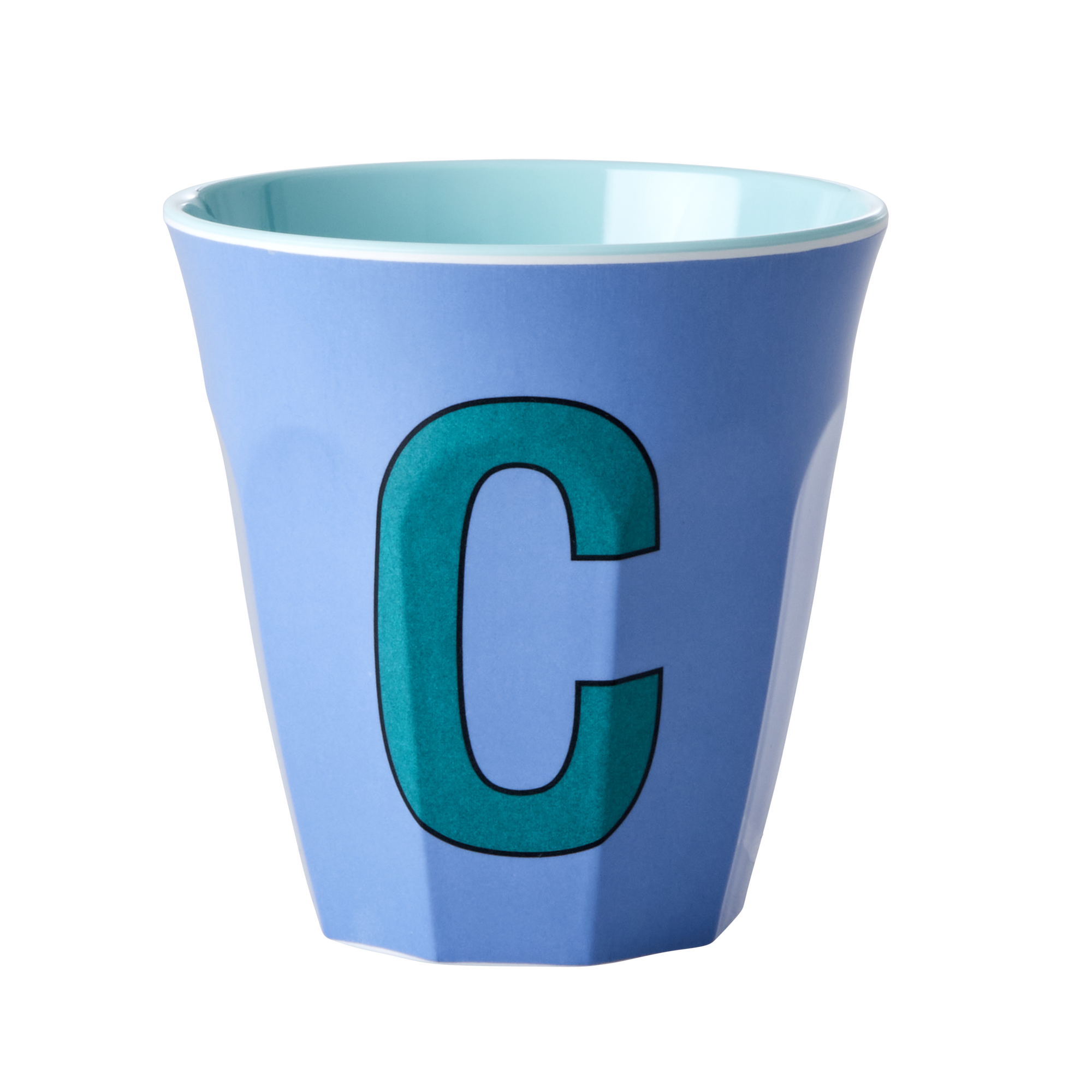 Melamine cup by Rice by Rice in the colors light blue, teal, and aqua with the letter "C"