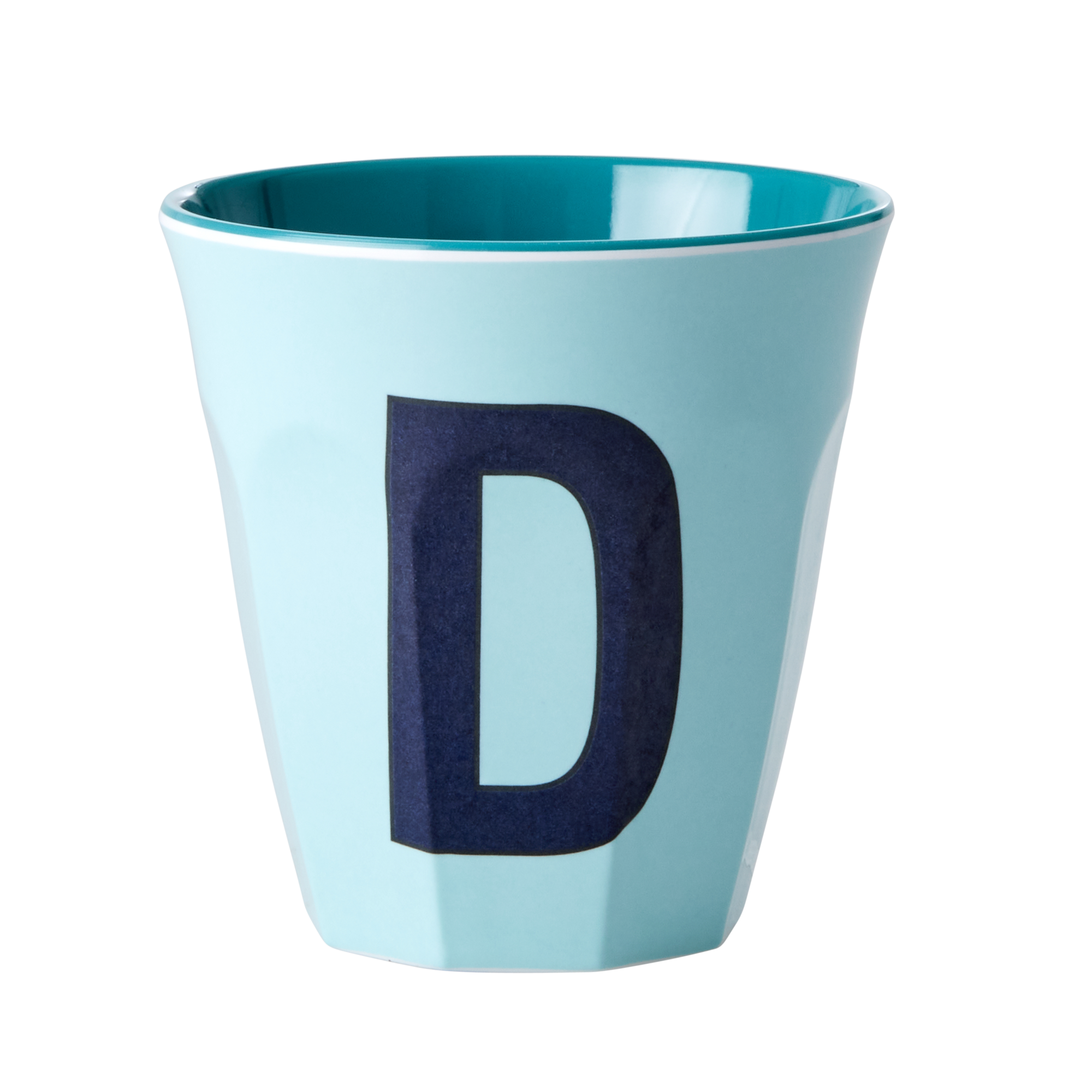 Melamine cup by Rice by Rice in the colors light blue, dark blue, and teal with the letter "D"