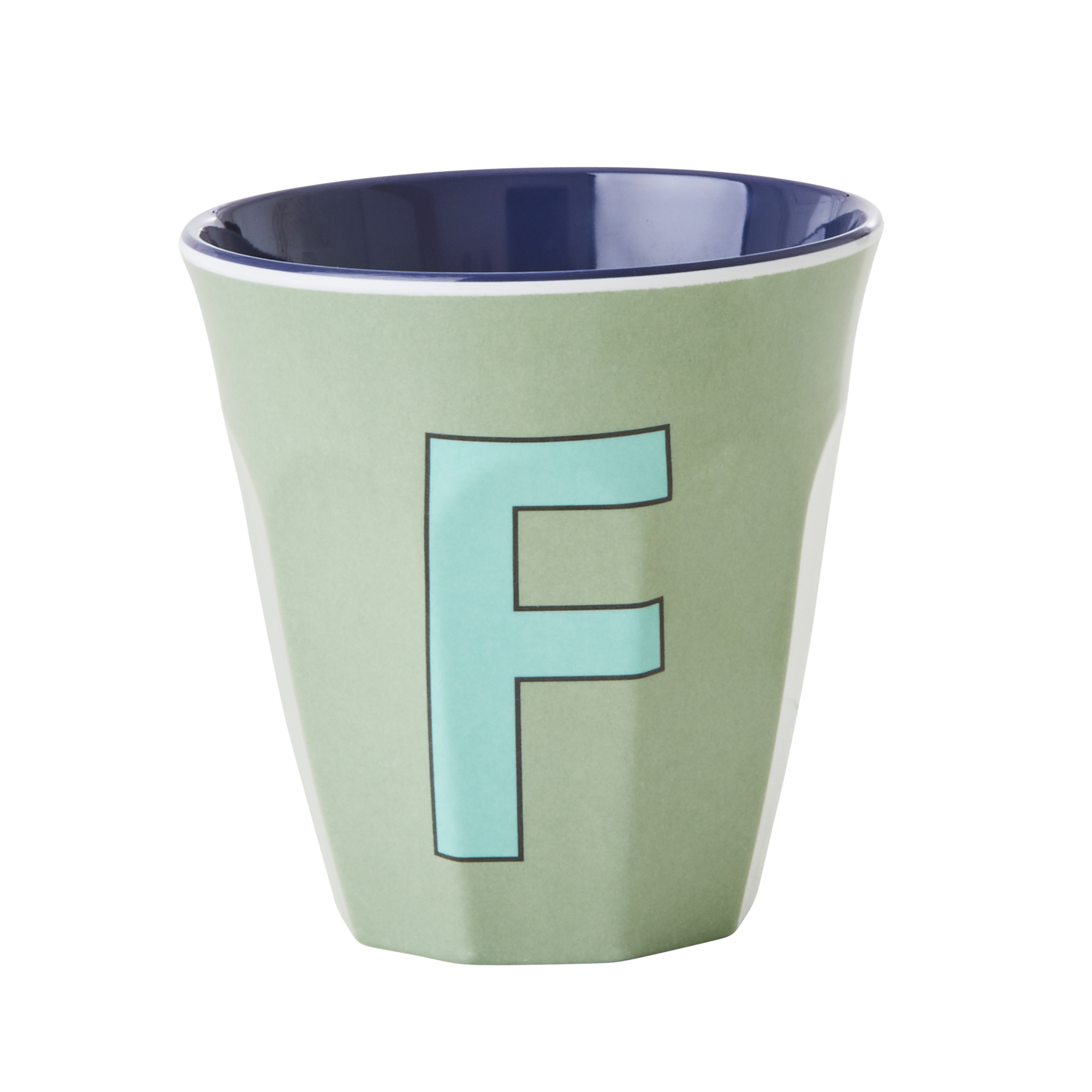Melamine cup by Rice by Rice in the colors mint, aqua, and blue with the letter "F"