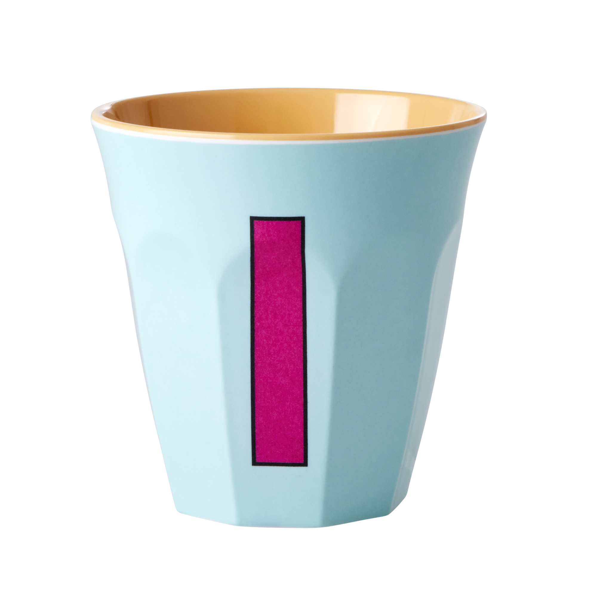 Melamine cup by Rice by Rice in the colors light blue, red, and yellow with the letter "I"