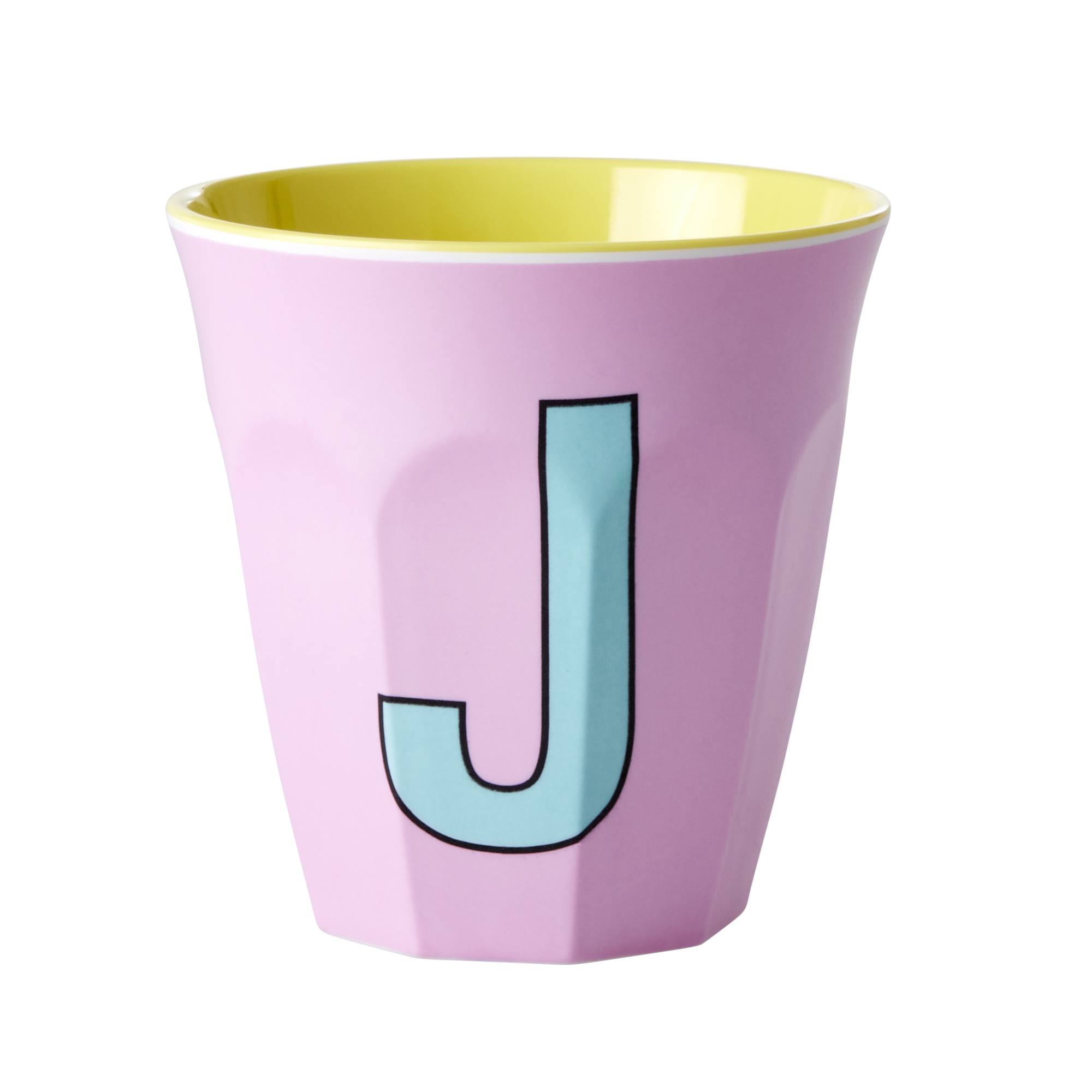 Melamine cup by Rice by Rice in the colors pink, light blue, and yellow with the letter "J"