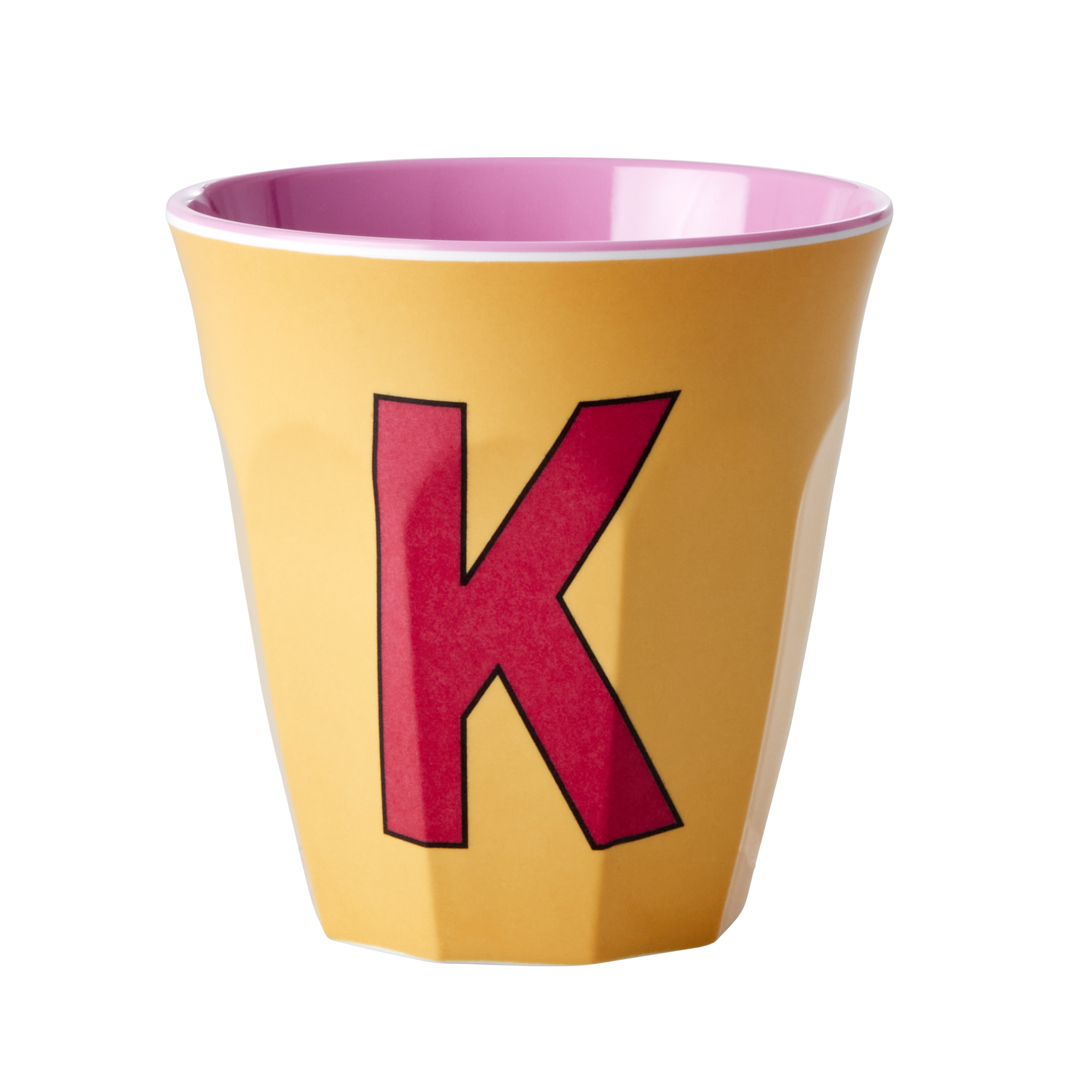 Melamine cup by Rice by Rice in the colors yellow, red, and pink with the letter "K"