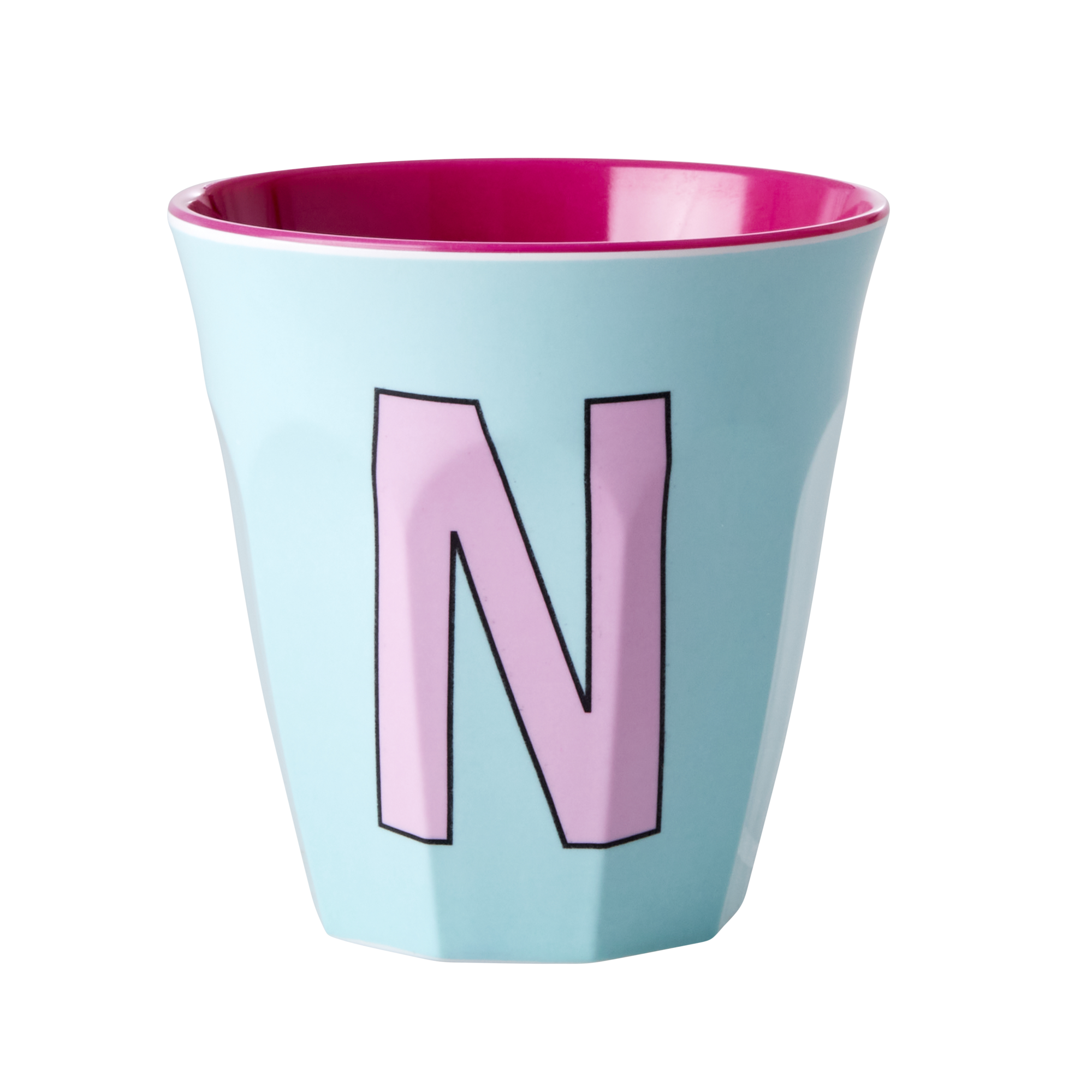 Melamine cup by Rice by Rice in the colors light blue, pink, and red with the letter "O"