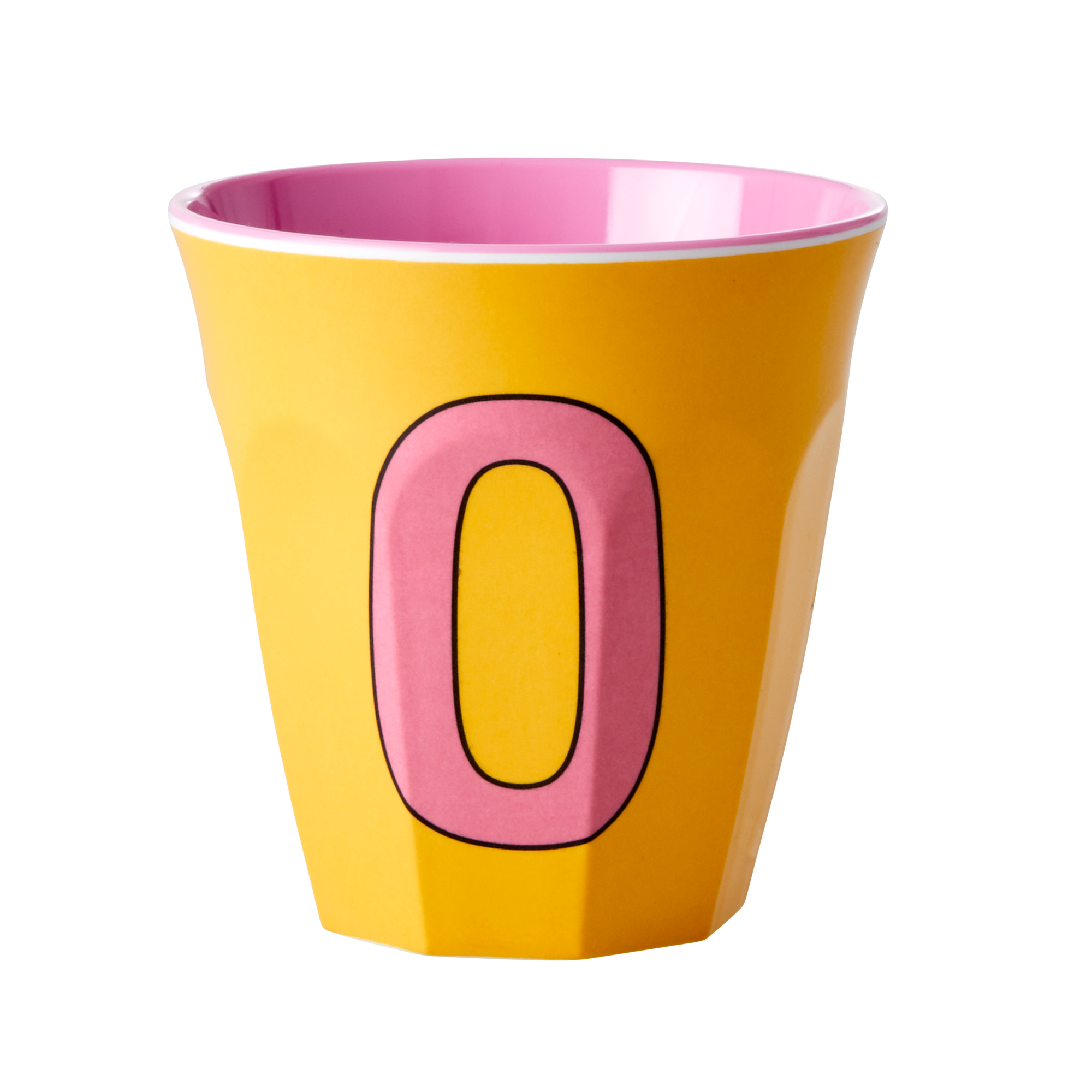 Melamine cup by Rice by Rice in the colors yellow, pink, and orange with the letter "O"