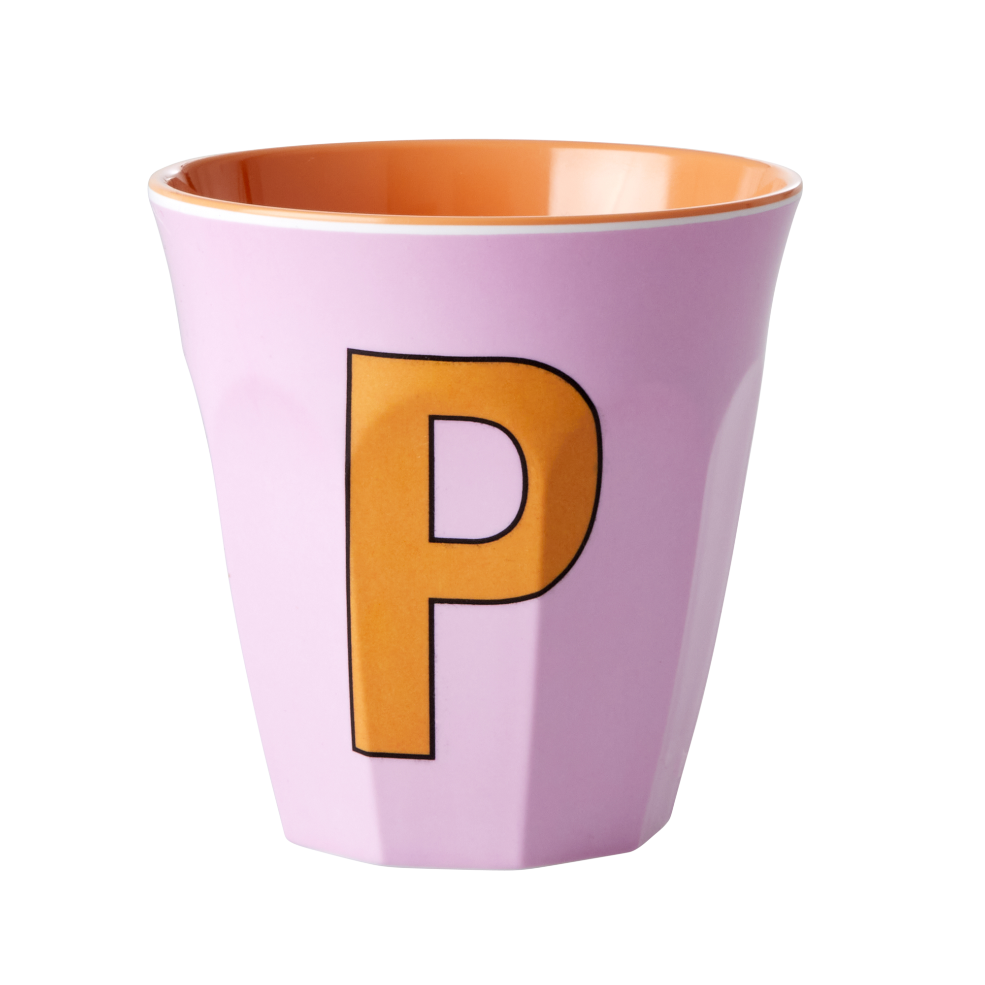 Melamine cup by Rice by Rice in the colors pink,  and orange with the letter "P"