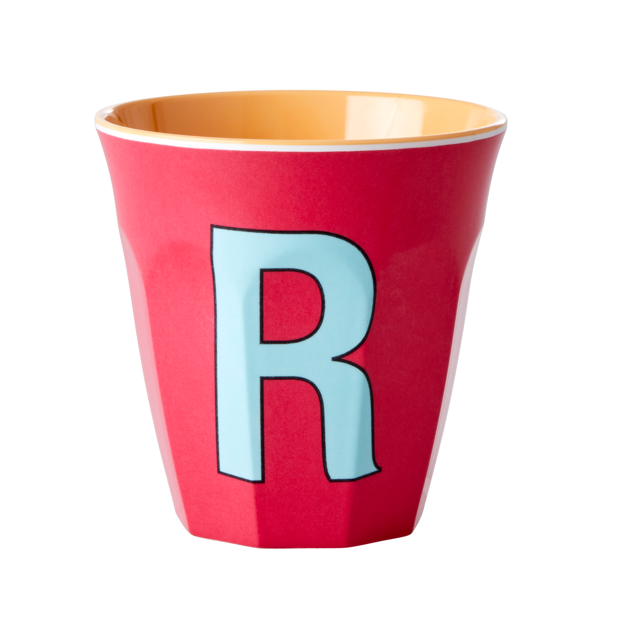 Melamine cup by Rice by Rice in the colors red, light blue and orange with the letter "R"