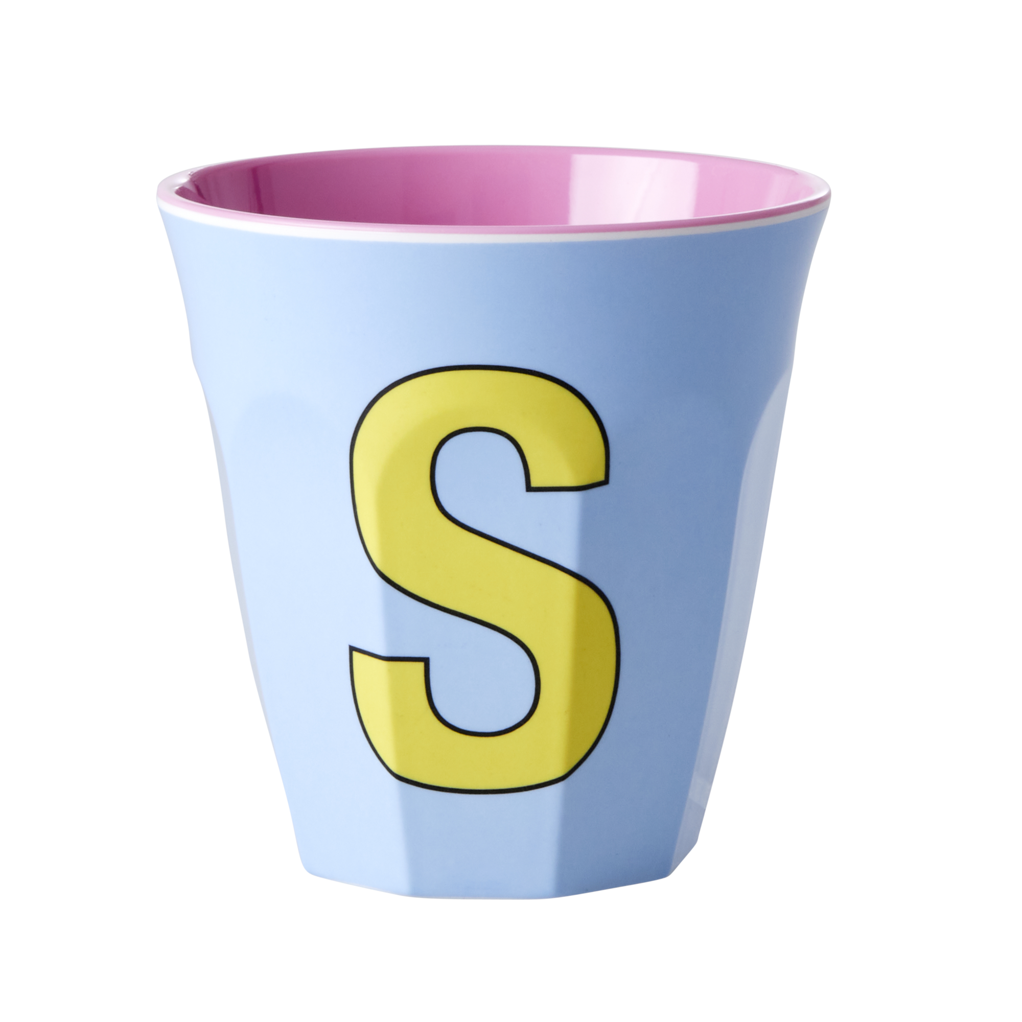 Melamine cup by Rice by Rice in the colors blue, yellow and pink with the letter "S"