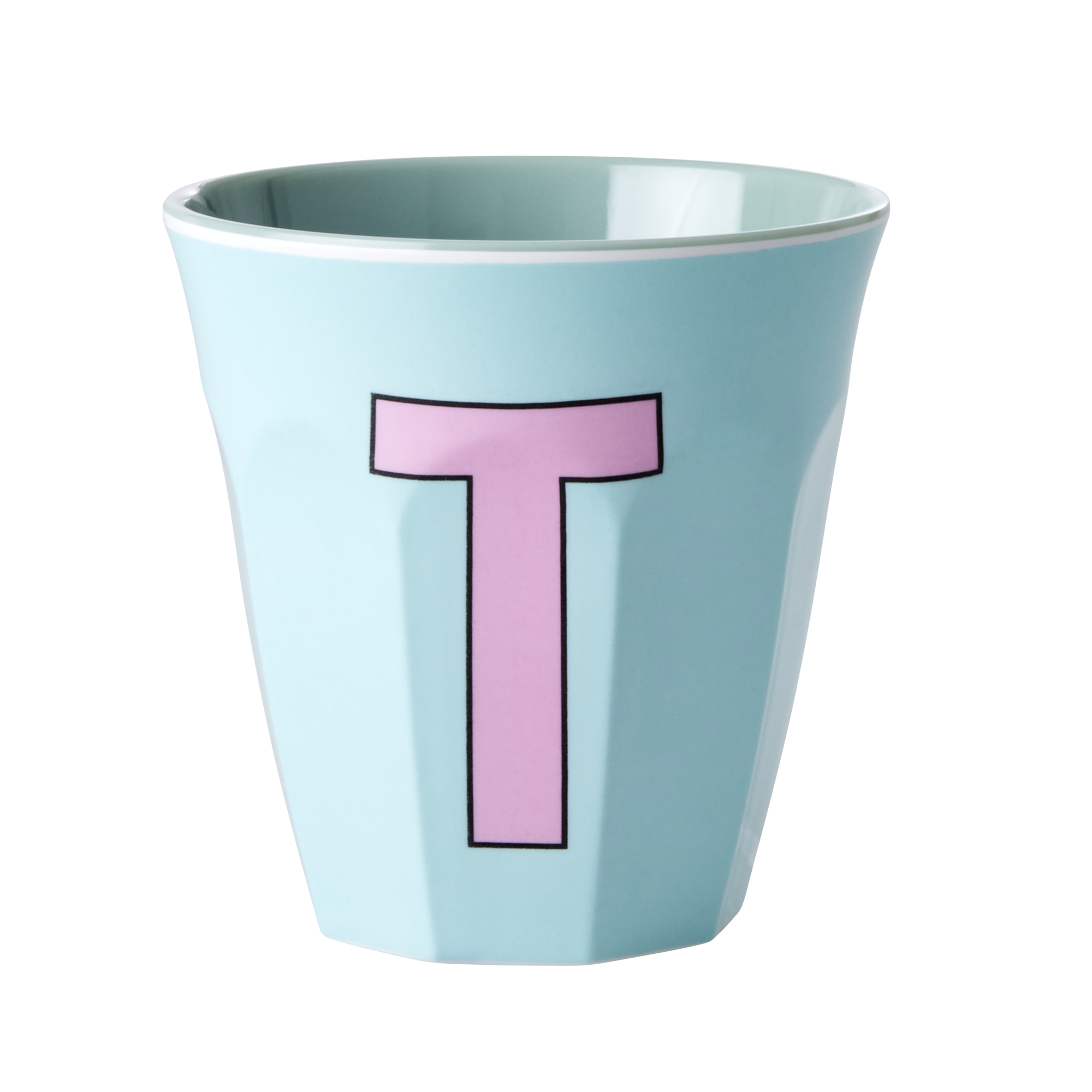 Melamine cup by Rice by Rice in the colors light blue, pink and mint with the letter "T"