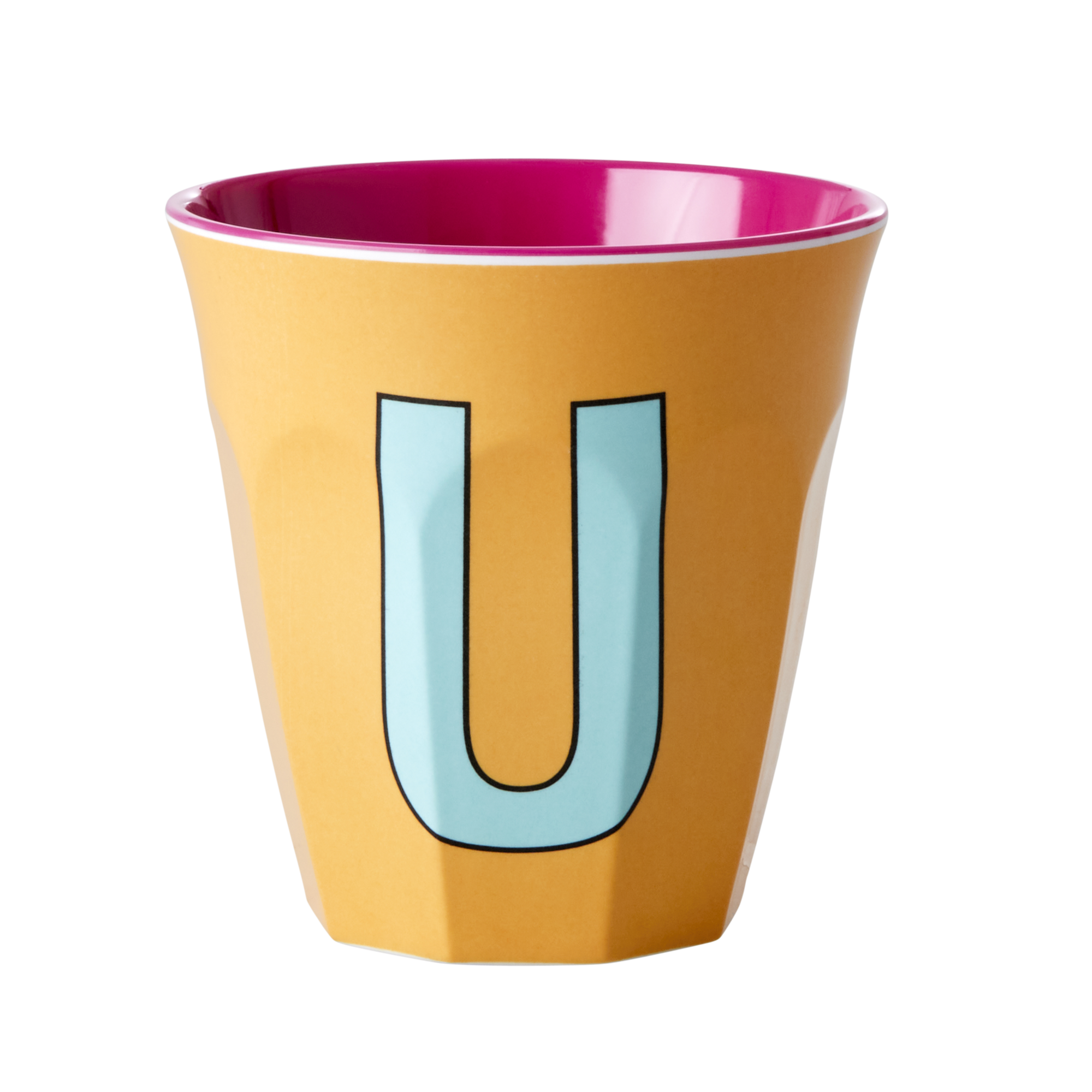 Melamine cup by Rice by Rice in the colors yellow, aqua and pink with the letter "U"