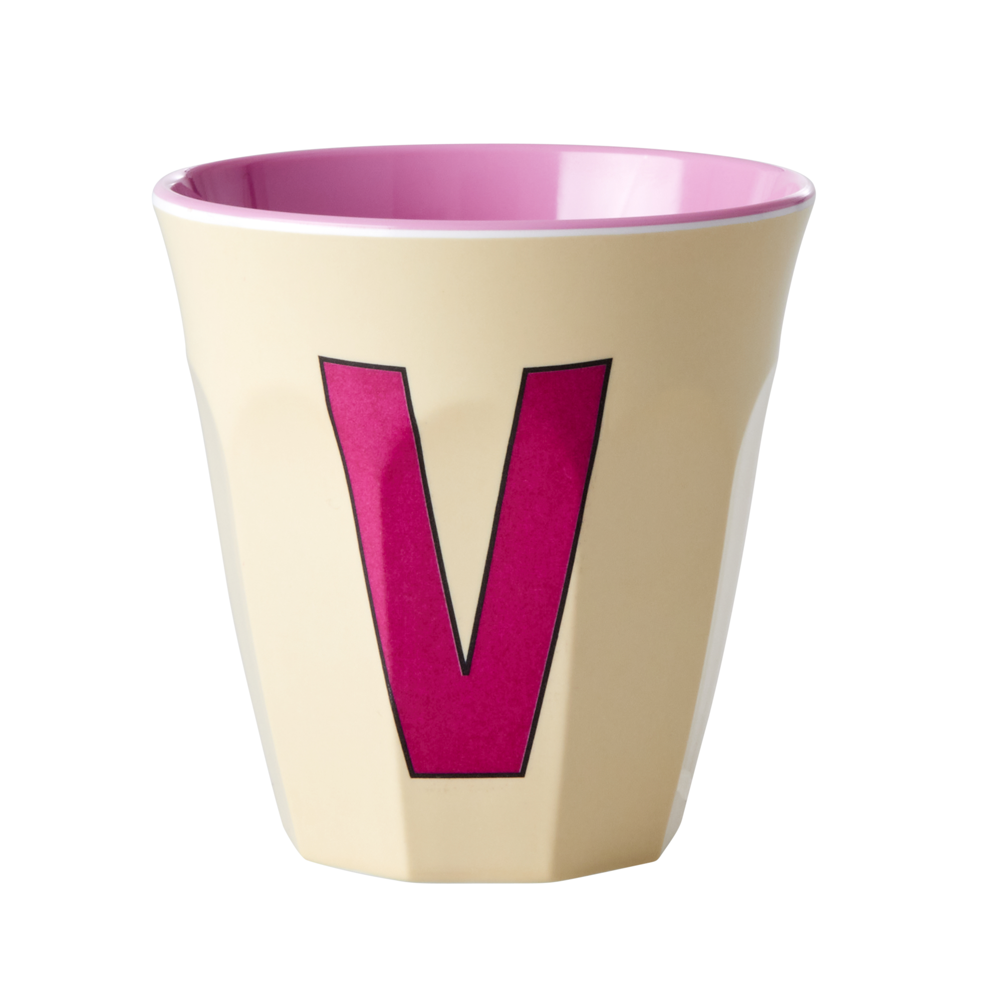 Melamine cup by Rice by Rice in the colors yellow, red and pink with the letter "V"