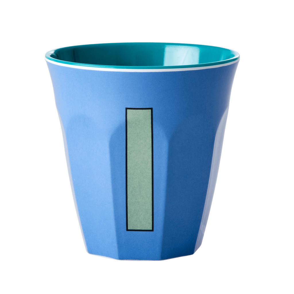 Melamine cup by Rice by Rice in the colors light blue, mint, and teal with the letter "I"