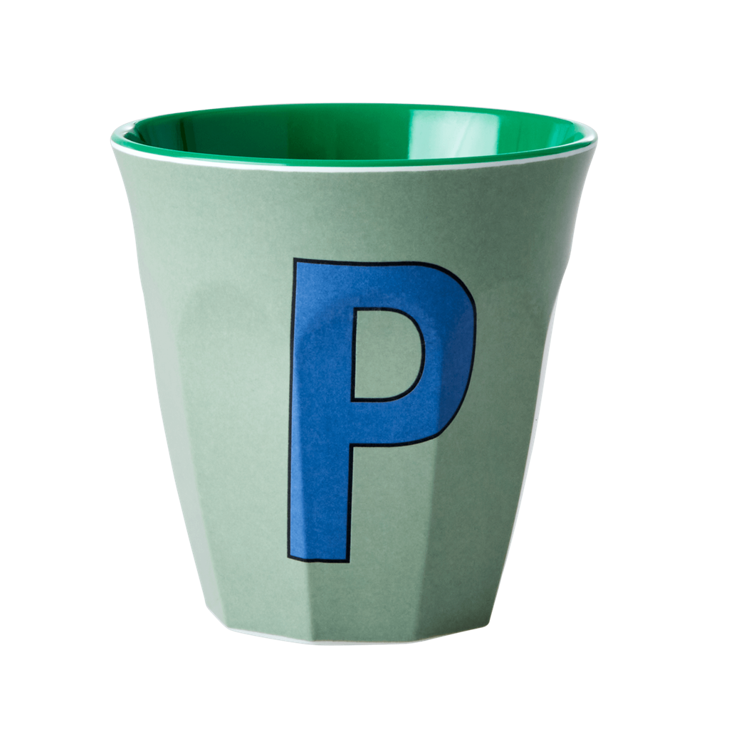 Melamine cup by Rice by Rice in the colors mint, blue, and green with the letter "P"