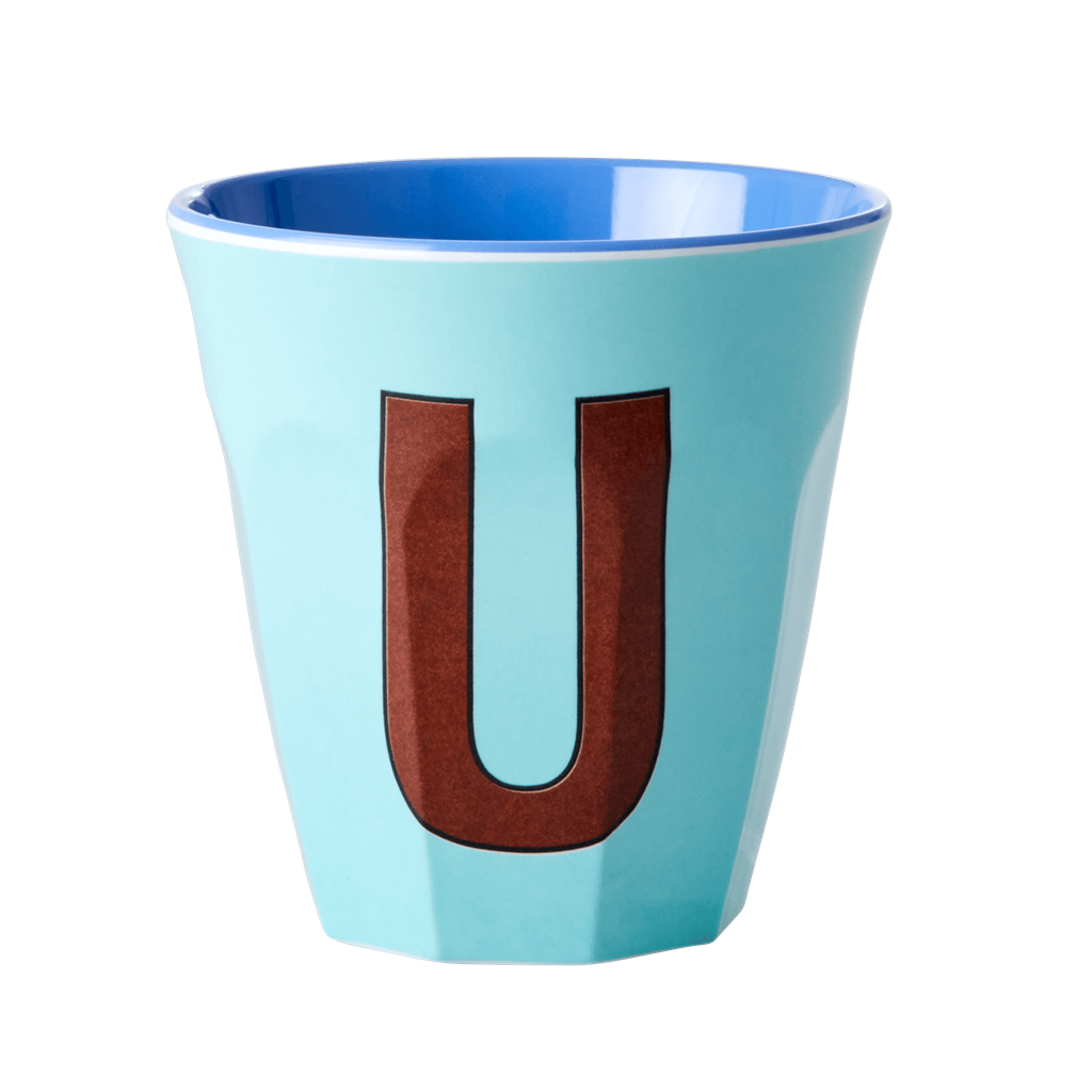 Melamine cup by Rice by Rice in the colors aqua, brown, and blue with the letter "U"
