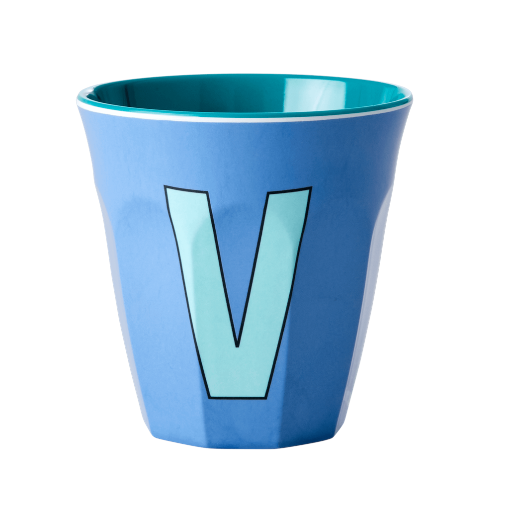 Melamine cup by Rice by Rice in the colors blue, light blue, and teal with the letter "V"