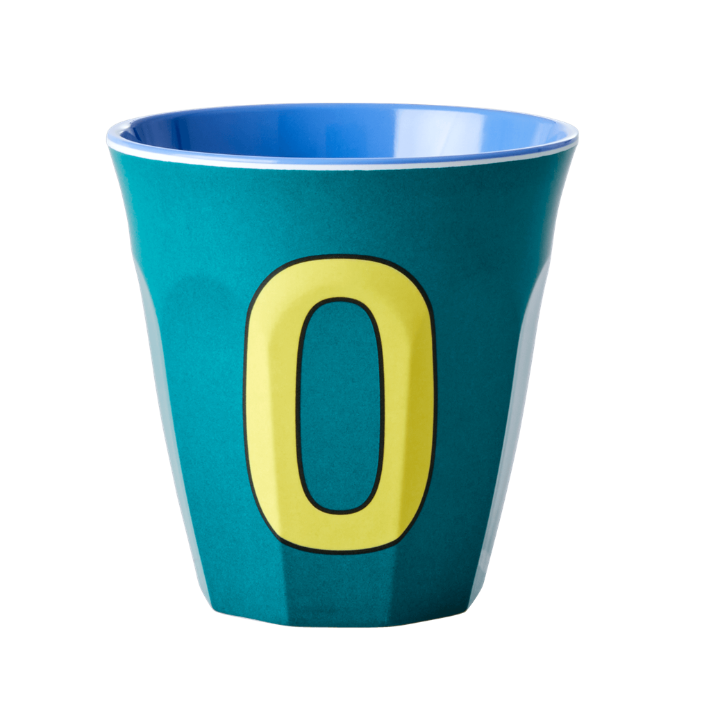 Melamine cup by Rice by Rice in the colors teal, yellow, and blue with the letter "O"