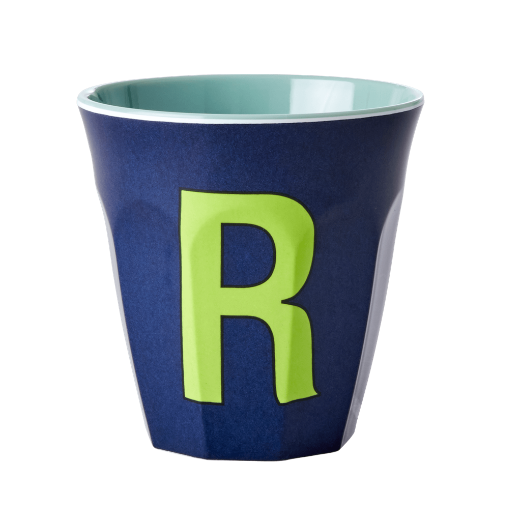 Melamine cup by Rice by Rice in the colors dark blue, light green, and mint with the letter "R"