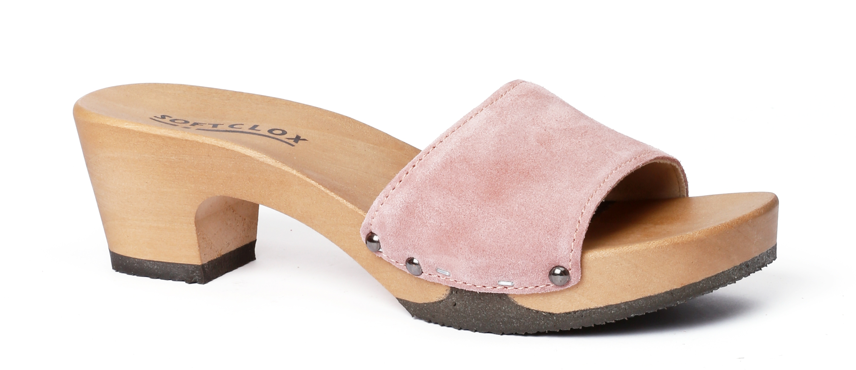Shoe mule, made from poplar wood with smooth suede  in color rose by Softclox
