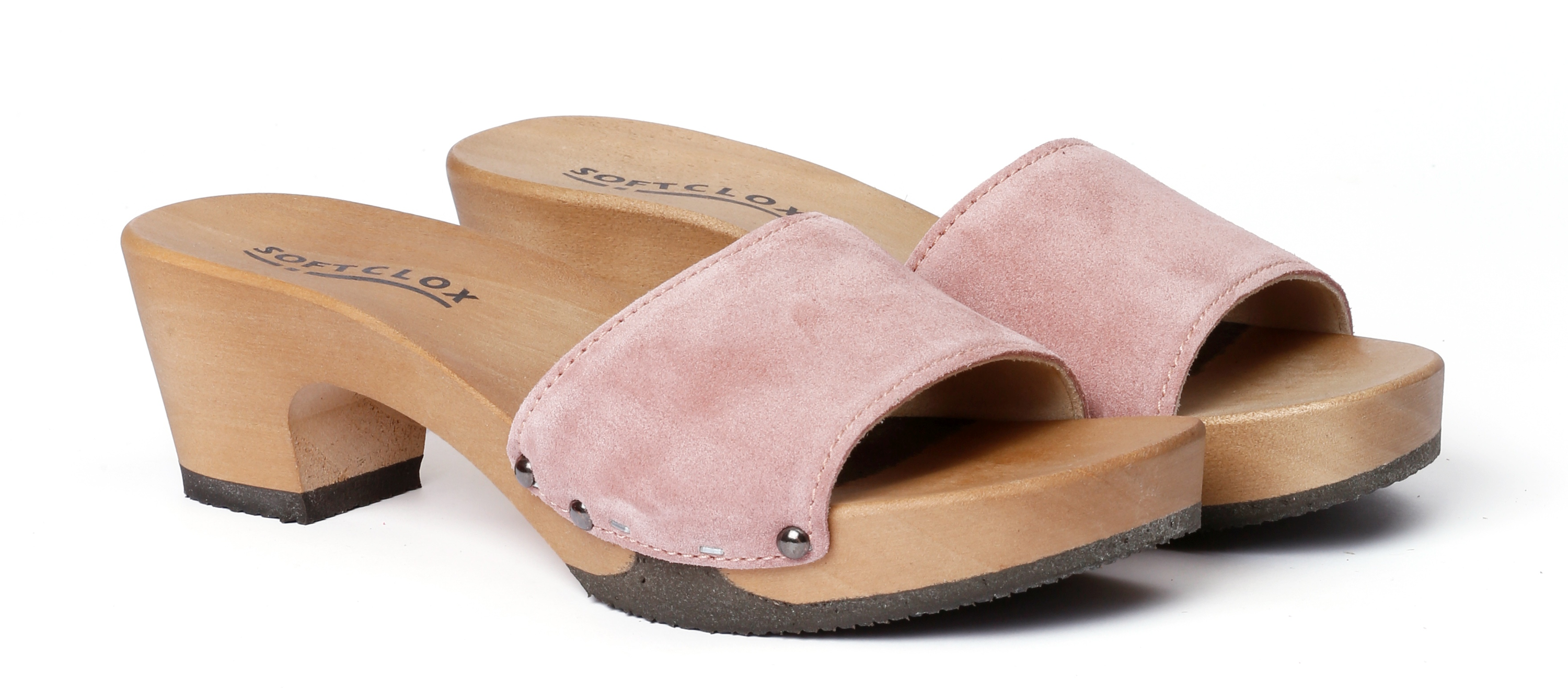 Shoe mule, made from poplar wood with smooth suede  in color rose by Softclox