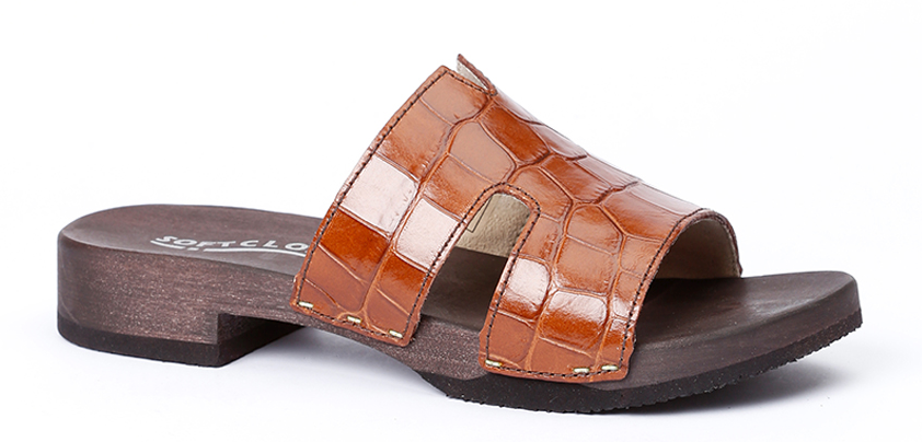Shoe mule, made from poplar wood with printed calfskin  in color brown by Softclox